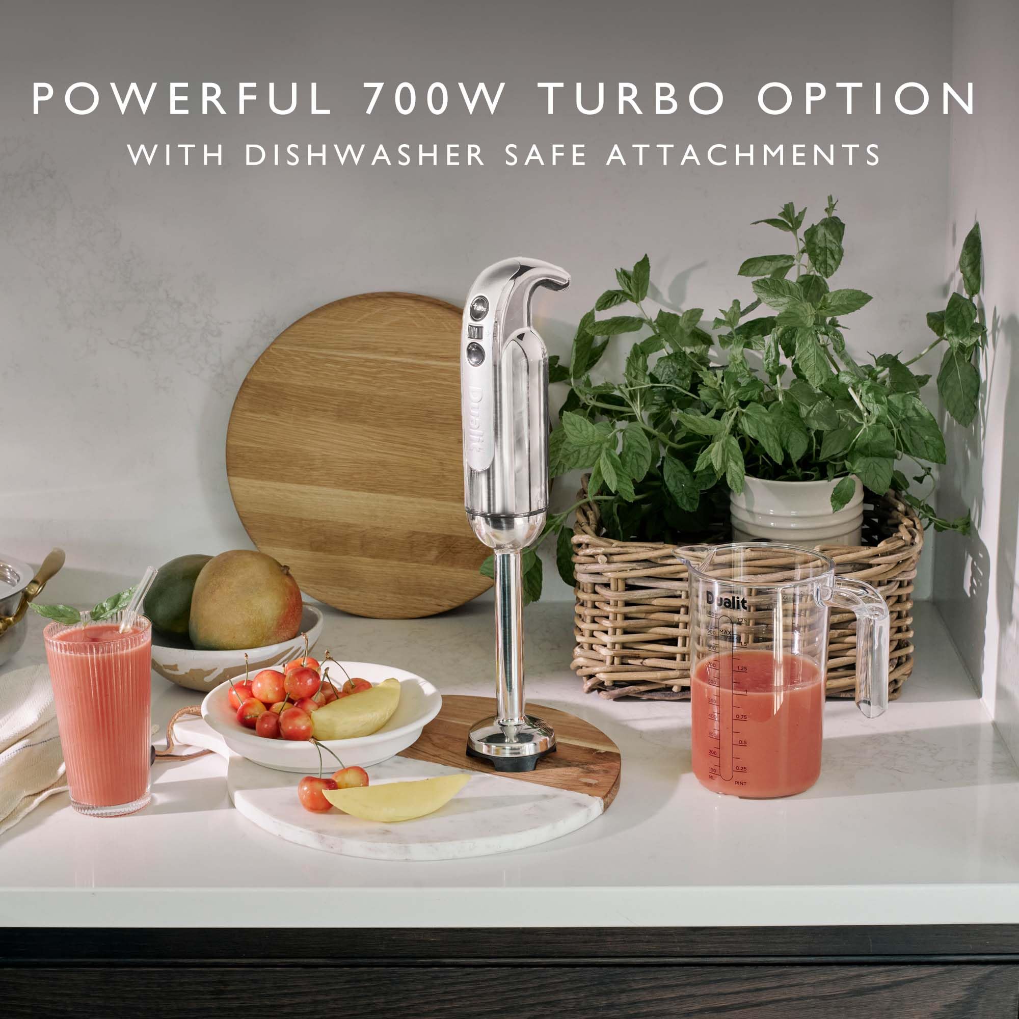 Dualit 700W Hand Blender Set - Powerful Stick Blender with Turbo Speed, 35.1oz Measuring Jug, Chopping Bowl & Whisk Attachment | Chrome Finish | Perfect for Smoothies, Soups, Baby Food & Baking