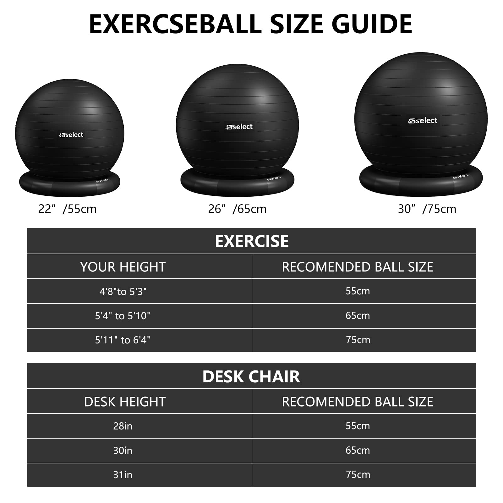 HBselect 65cm Fitness Ball for Pilates, Yoga, Pregnancy & Gym Workouts - Anti-Burst Swiss Ball with Stability Base, Resistance Bands, Pump & Instructions - Perfect for Home Exercise, Office Sitting & Physical Therapy