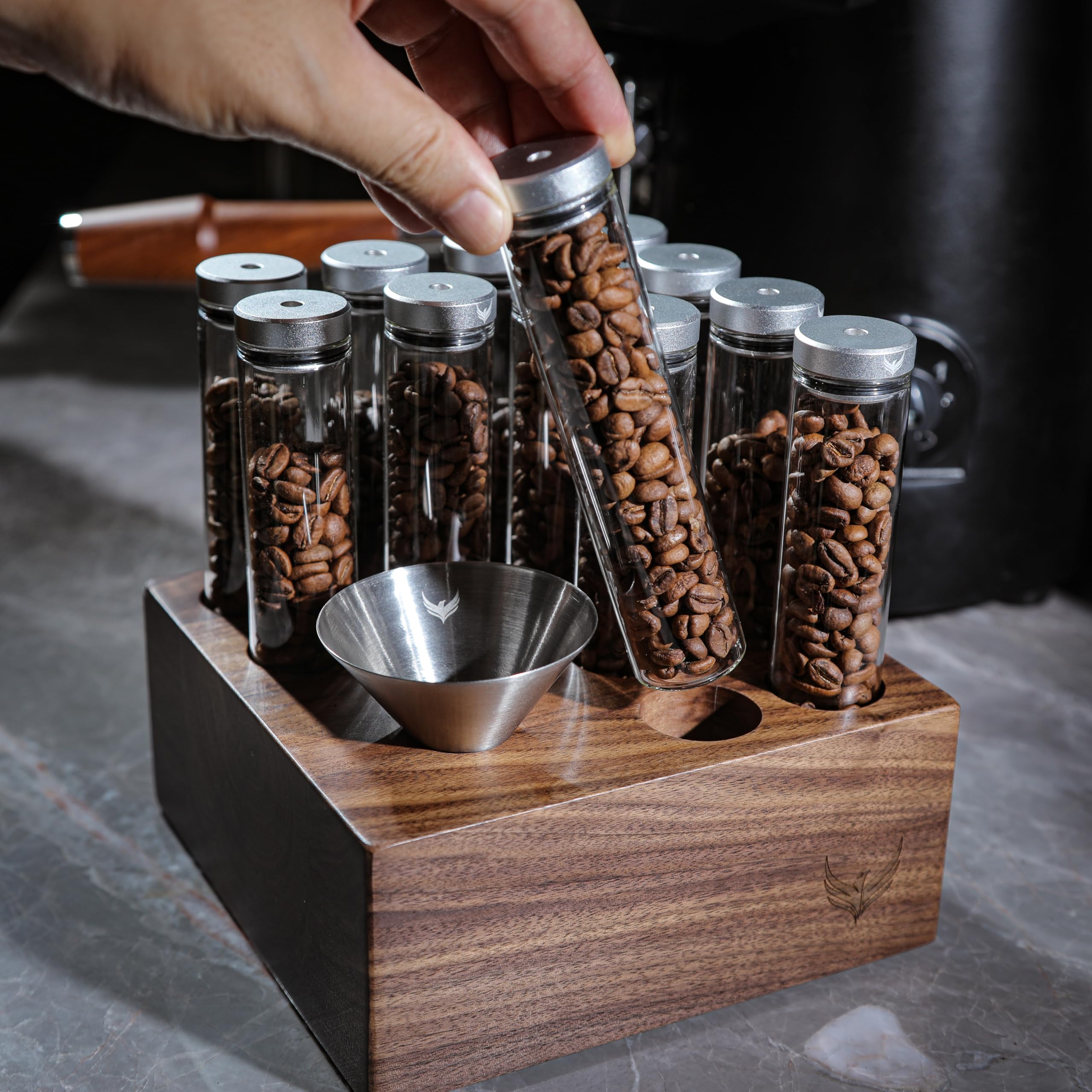 12-Pack Single Dose Coffee Bean Storage Tubes - Glass Espresso Dosing Vials with One-Way Valve Lids, Walnut Stand & Stainless Steel Funnel - Perfect for Fresh Coffee Bean Storage & Barista Organization at Home or Café