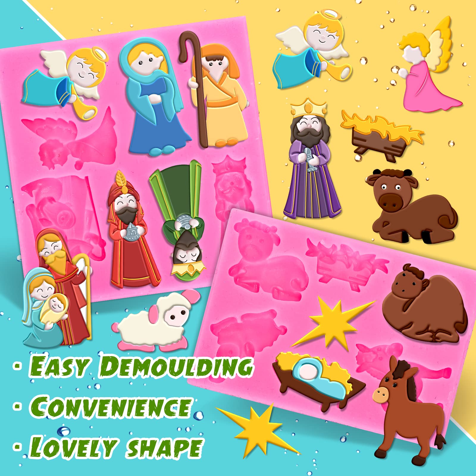Whaline 2-Piece Christmas Nativity Silicone Mold Set - Jesus Birth Scene Fondant & Resin Baking Molds for Cake Decorating, DIY Candy, Chocolate & Cookie Making - Perfect for Holiday Baking, Christmas Party Treats & Festive Home Decor