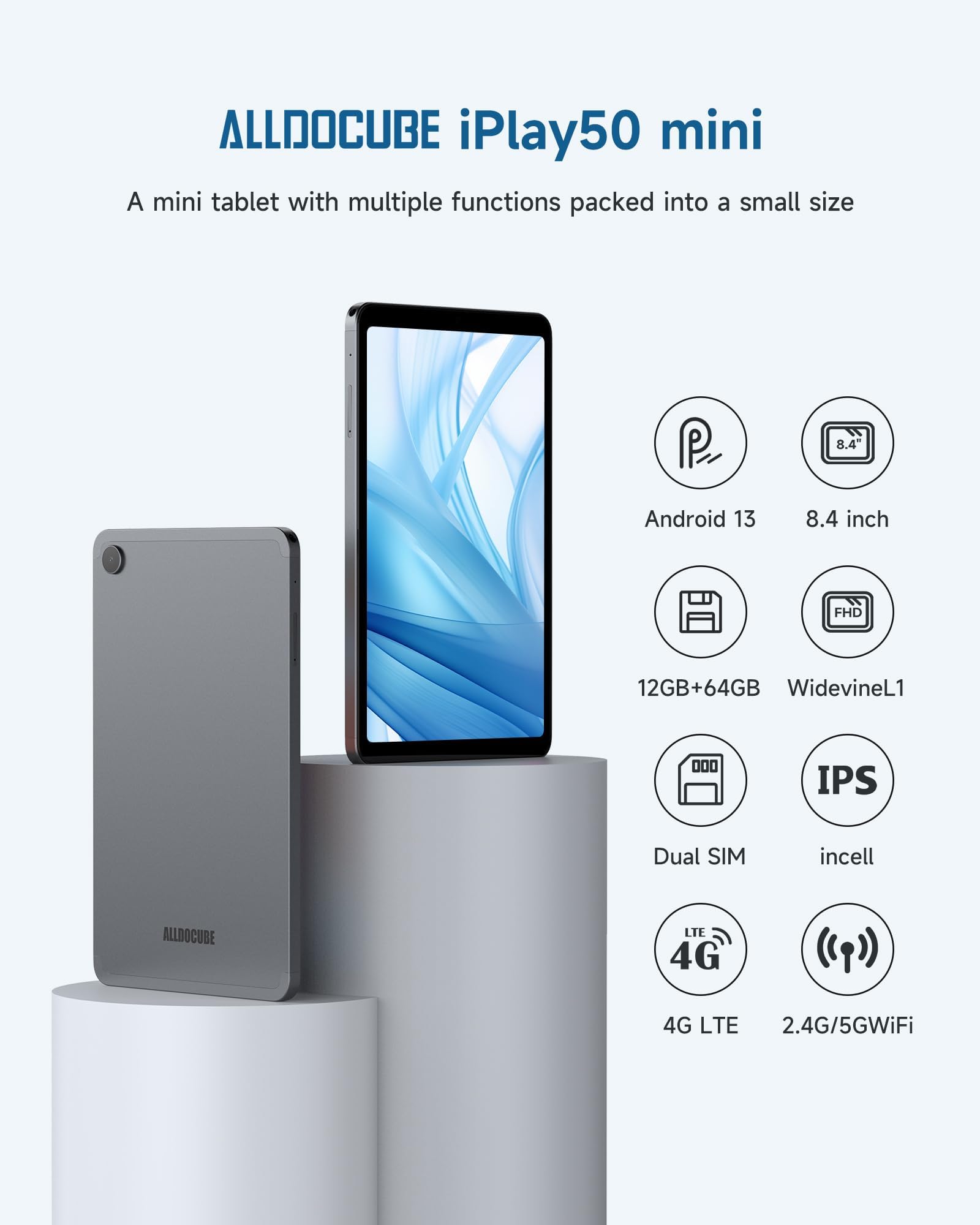 ALLDOCUBE iPlay50 Mini 8.4 Inch Android 13 Tablet - 12GB RAM (4+8), 64GB Storage, FHD 1920×1200 IPS Display, 8-Core CPU, 4G LTE, 5MP Dual Cameras, GPS, WiFi - Portable Gaming & Entertainment Tablet for Adults & Teens - Perfect for Travel, School, and Home Use