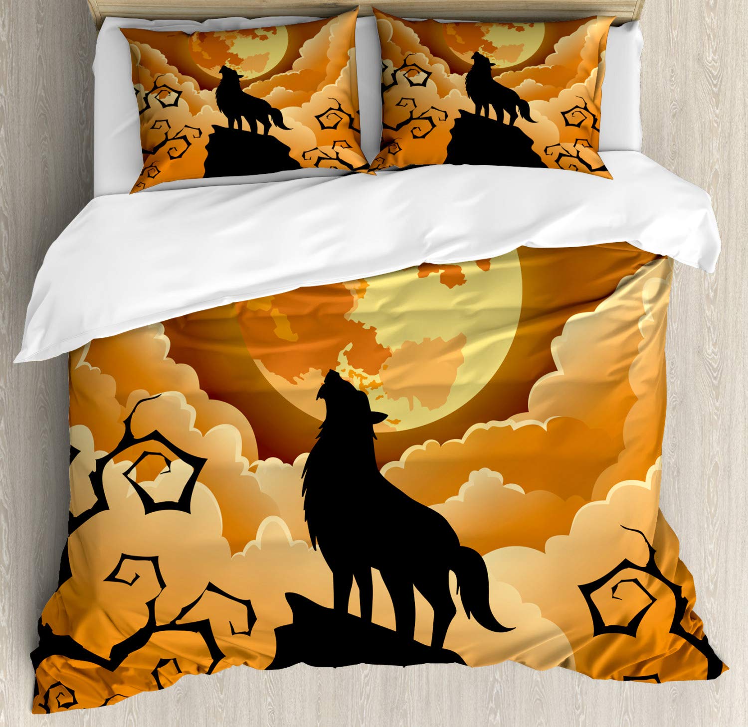 Halloween Themed Wolf & Bat Duvet Cover Set - 2 Twin Size Duvet Covers & 2 Pillowcases - Pale Yellow Apricot Forest Design - Perfect for Spooky Bedroom Decor & Seasonal Themed Parties