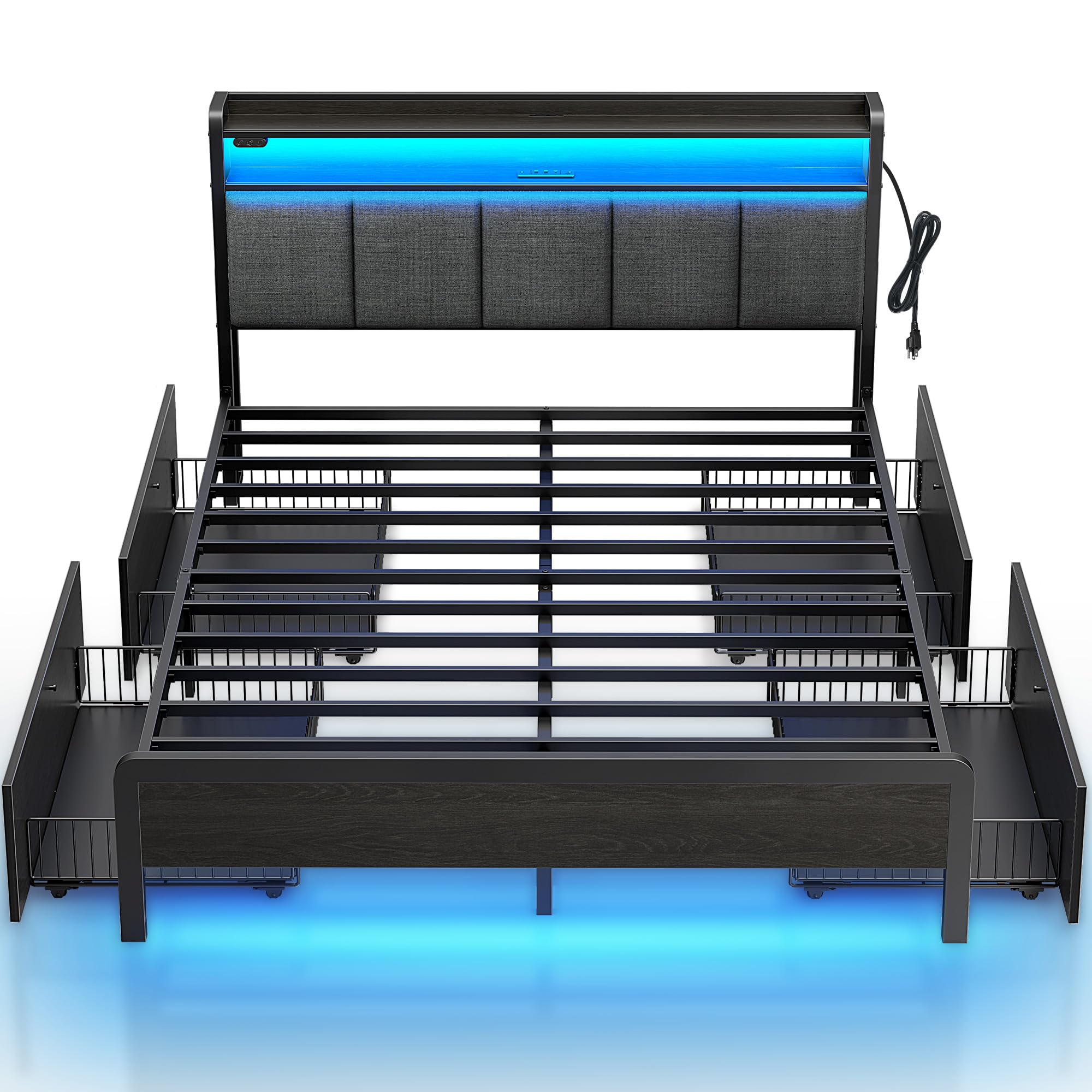 Rolanstar Queen Size Bed Frame with USB Charging Station, LED Lights & Storage Headboard - Heavy Duty Metal Slats, No Box Spring Needed, Noise Free & Easy Assembly - Dark Grey Upholstered Bed for Modern Bedrooms, Guest Rooms & Small Apartments
