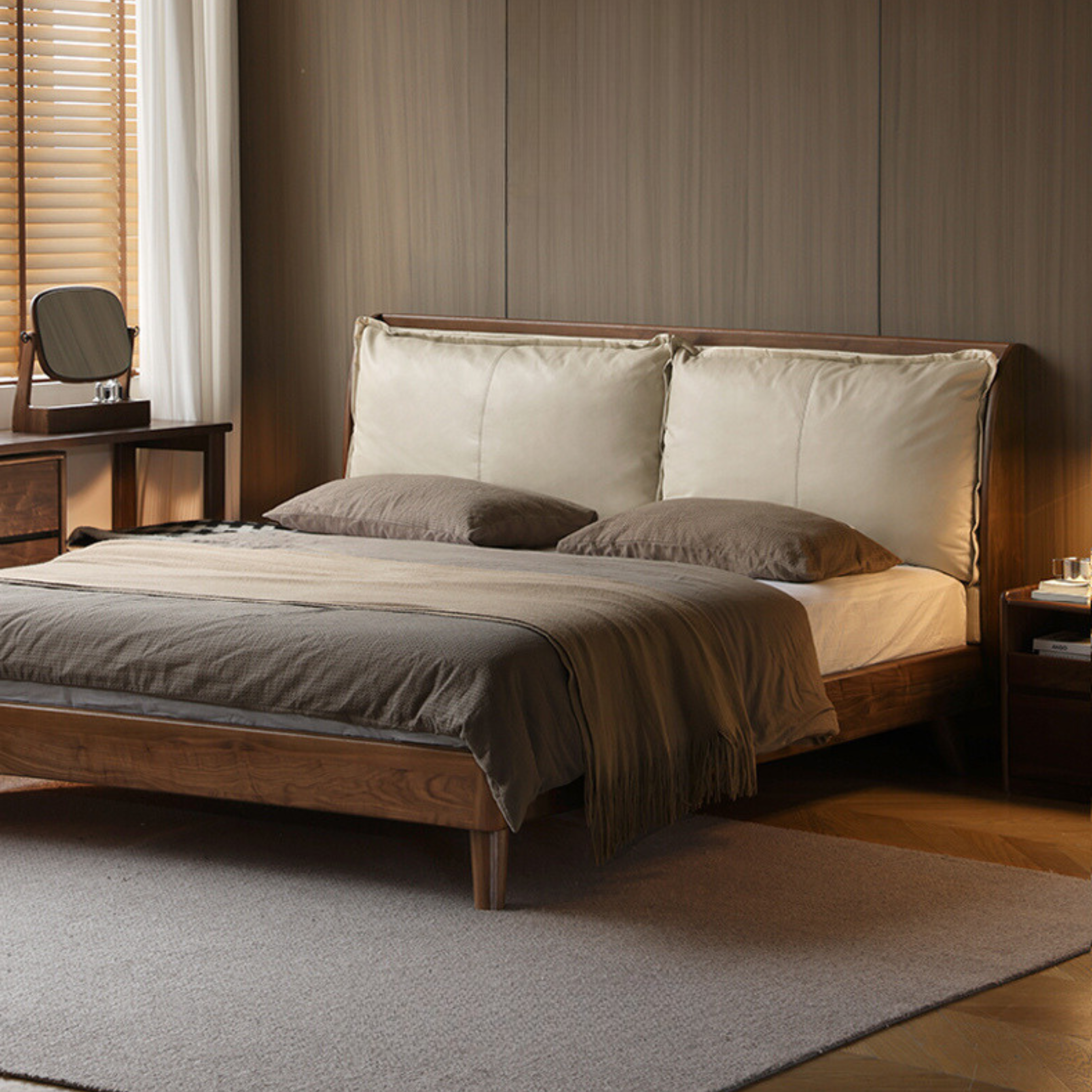 Premium Black Walnut Solid Wood Leather & Tech Fabric Bed Frame - Modern Platform Bed for Master Bedroom, Guest Room & Dormitory