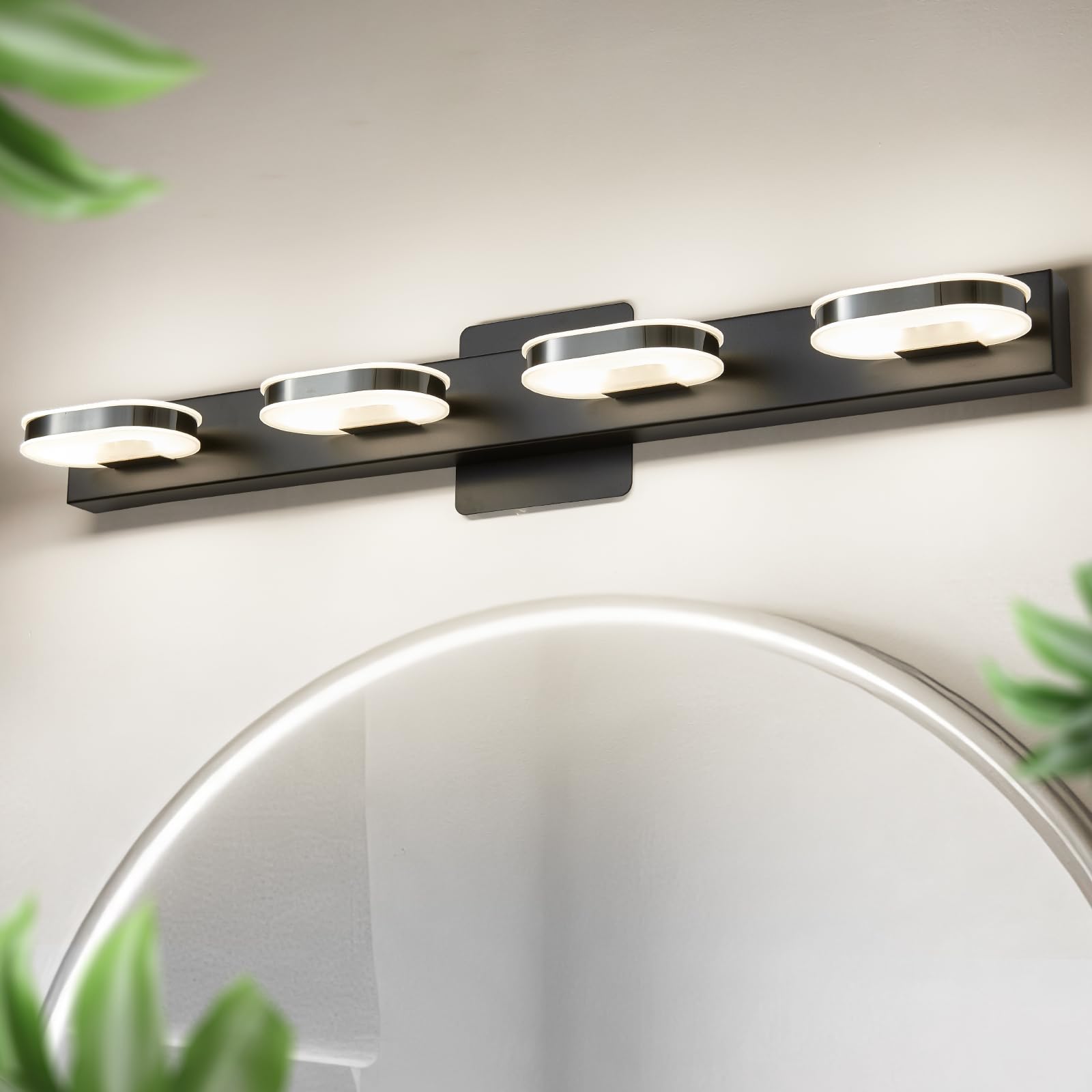 Modern LED Vanity Light Fixture - 4 Lights Bathroom Wall Sconce, 26 Inch Natural White Light in Black Finish - Perfect for Bathroom, Bedroom, and Dressing Room Makeup Area