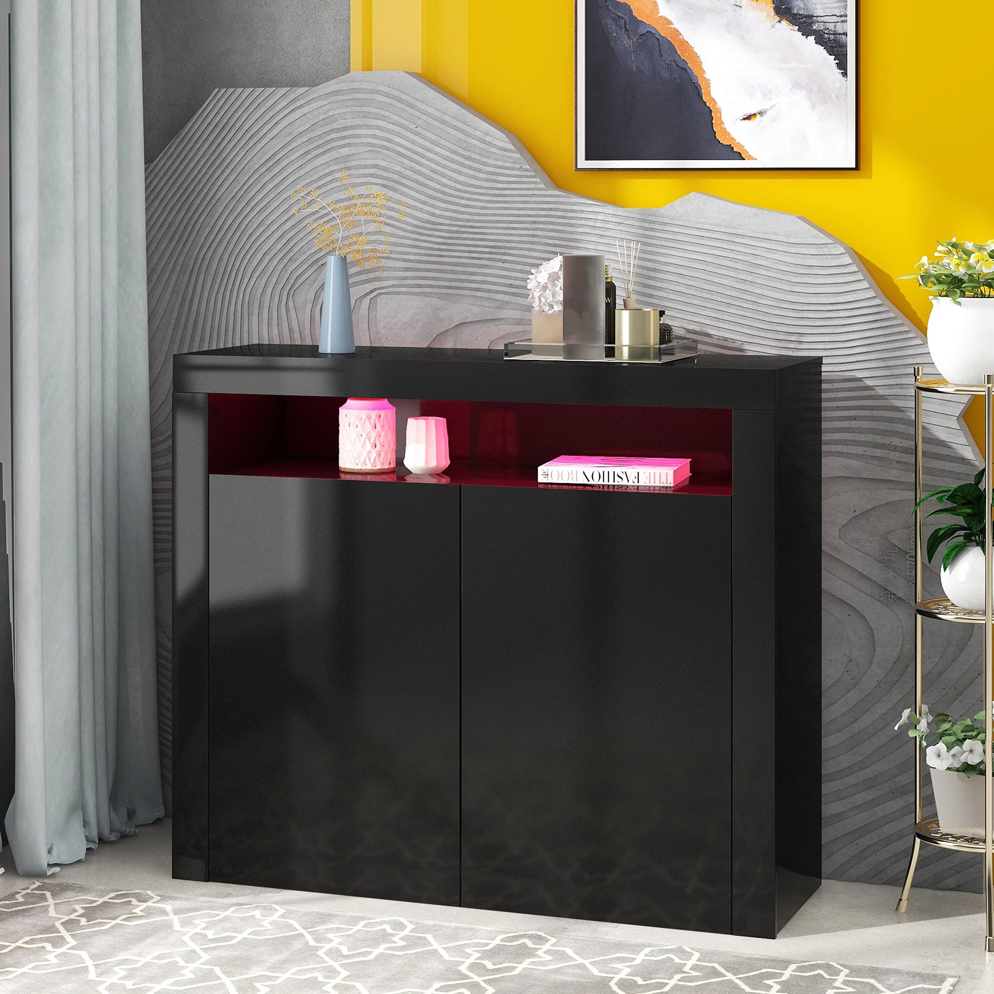 Modern High Gloss LED Sideboard with Remote Control - Wooden Buffet Storage Cabinet with Display Shelf for Kitchen, Dining Room & Living Room - Perfect for Home Decor, Entertaining & Stylish Storage (Black)
