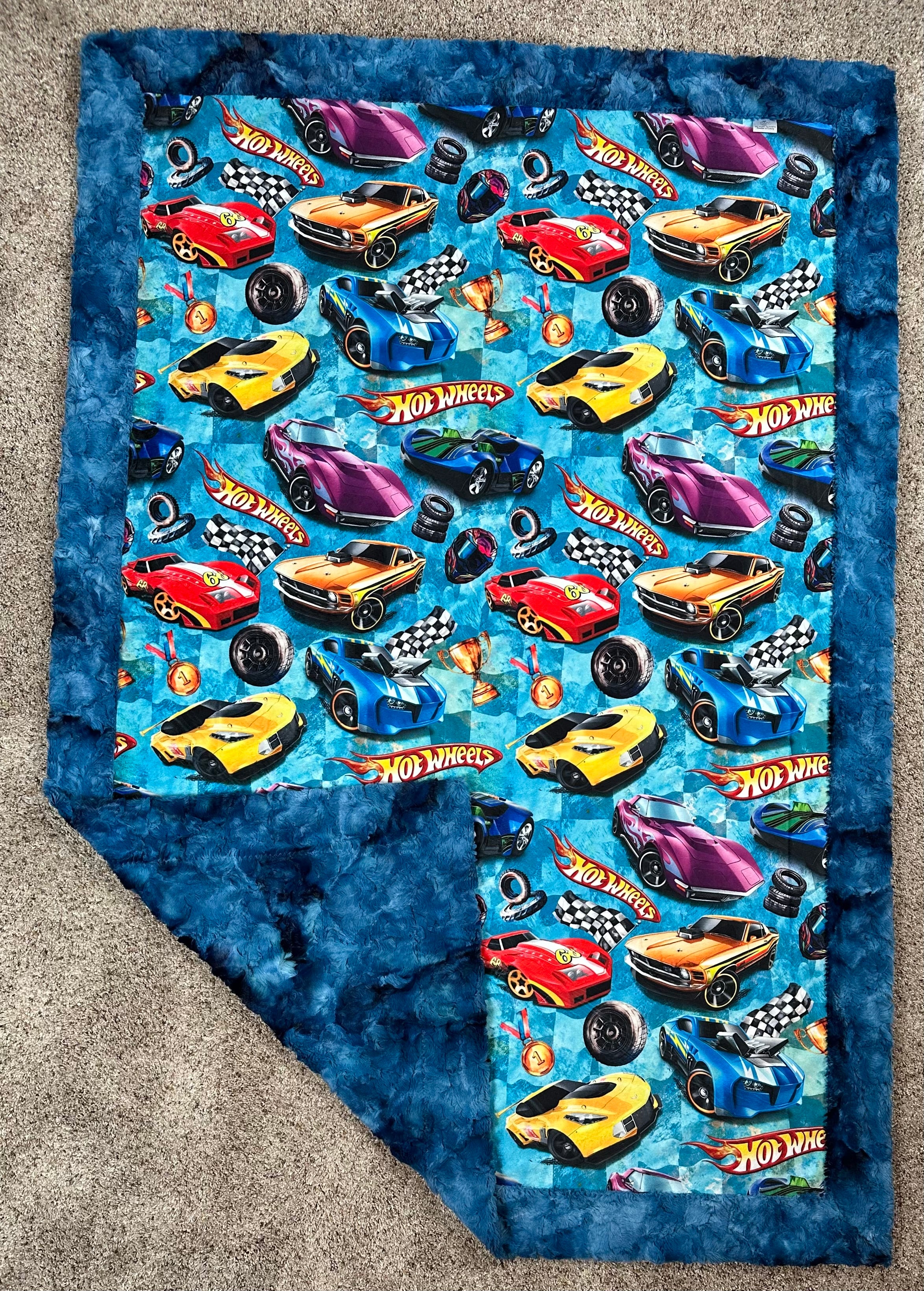 Blue Luxe Minky Blanket 42x60 with Pillowcase for Kids - Soft Racing Car Themed Blanket for Boys & Girls - Perfect for Bedtime, Nursery, and Gift Giving