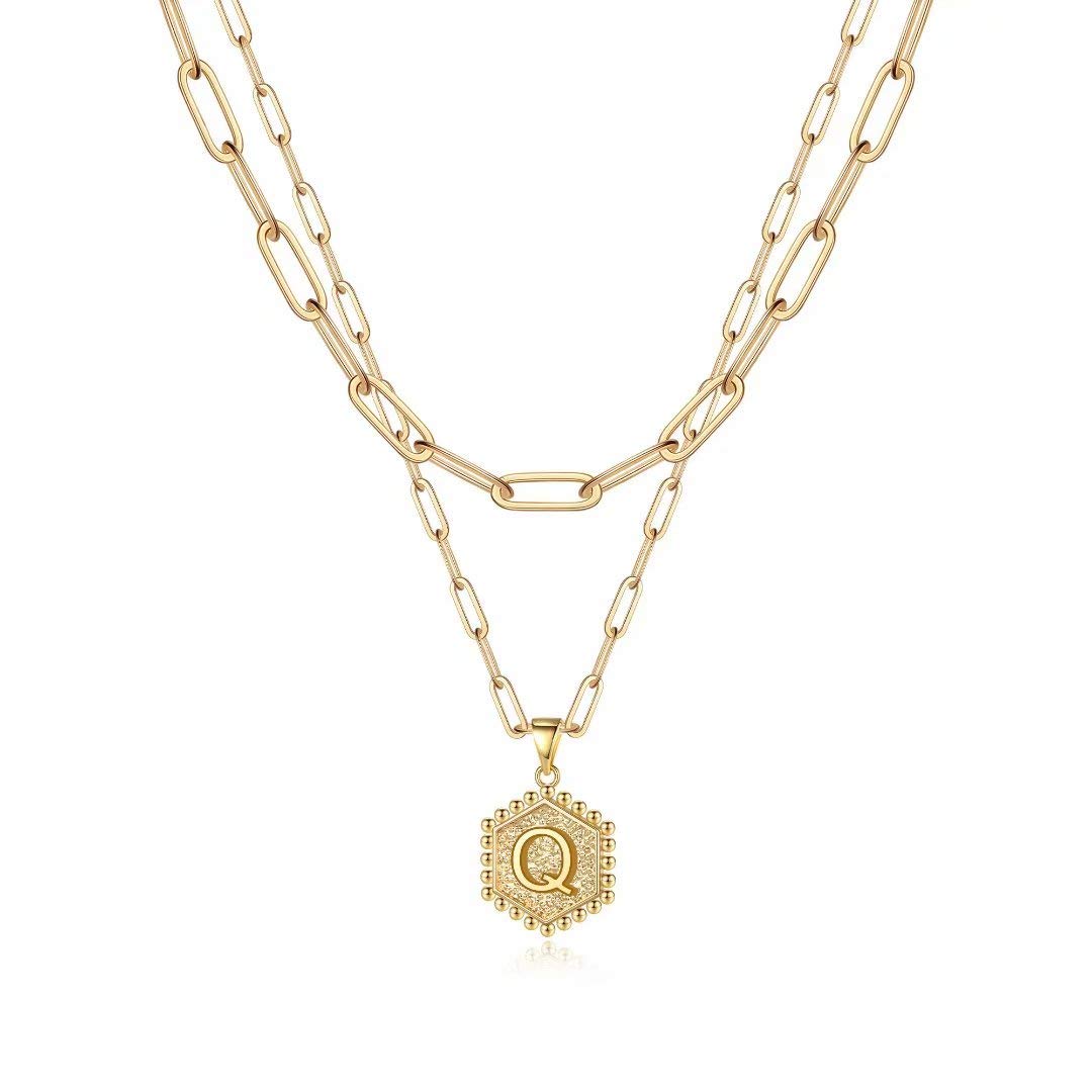 Dainty Layered Initial Necklaces for Women - 14K Gold Plated Paperclip Chain Necklace with Hexagon Letter Pendant, Minimalist Cute Choker Jewelry for Everyday Wear, Gift for Her, Birthday, Anniversary