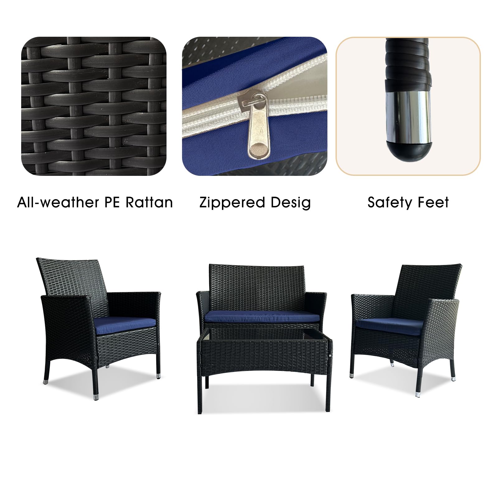 4-Piece Outdoor Sectional Patio Furniture Set with Rattan Wicker Chairs & Comfortable Cushions - Coffee/Blue - Perfect for Backyard, Garden, Poolside & Outdoor Entertaining