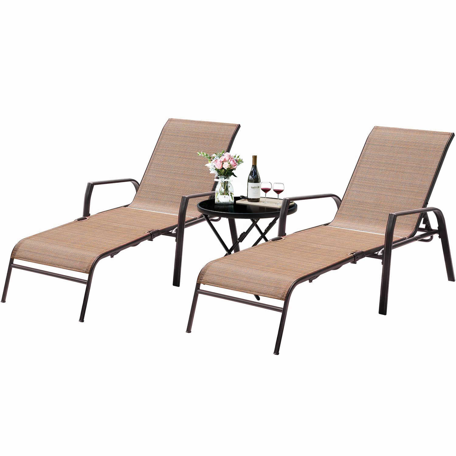 Flamaker 3-Piece Adjustable Patio Chaise Lounge Set with Textiline Cushions & Glass Top Bistro Table - Foldable Metal Reclining Chairs for Outdoor Relaxation - Perfect for Beach, Poolside, Backyard, Porch & Garden (Beige)