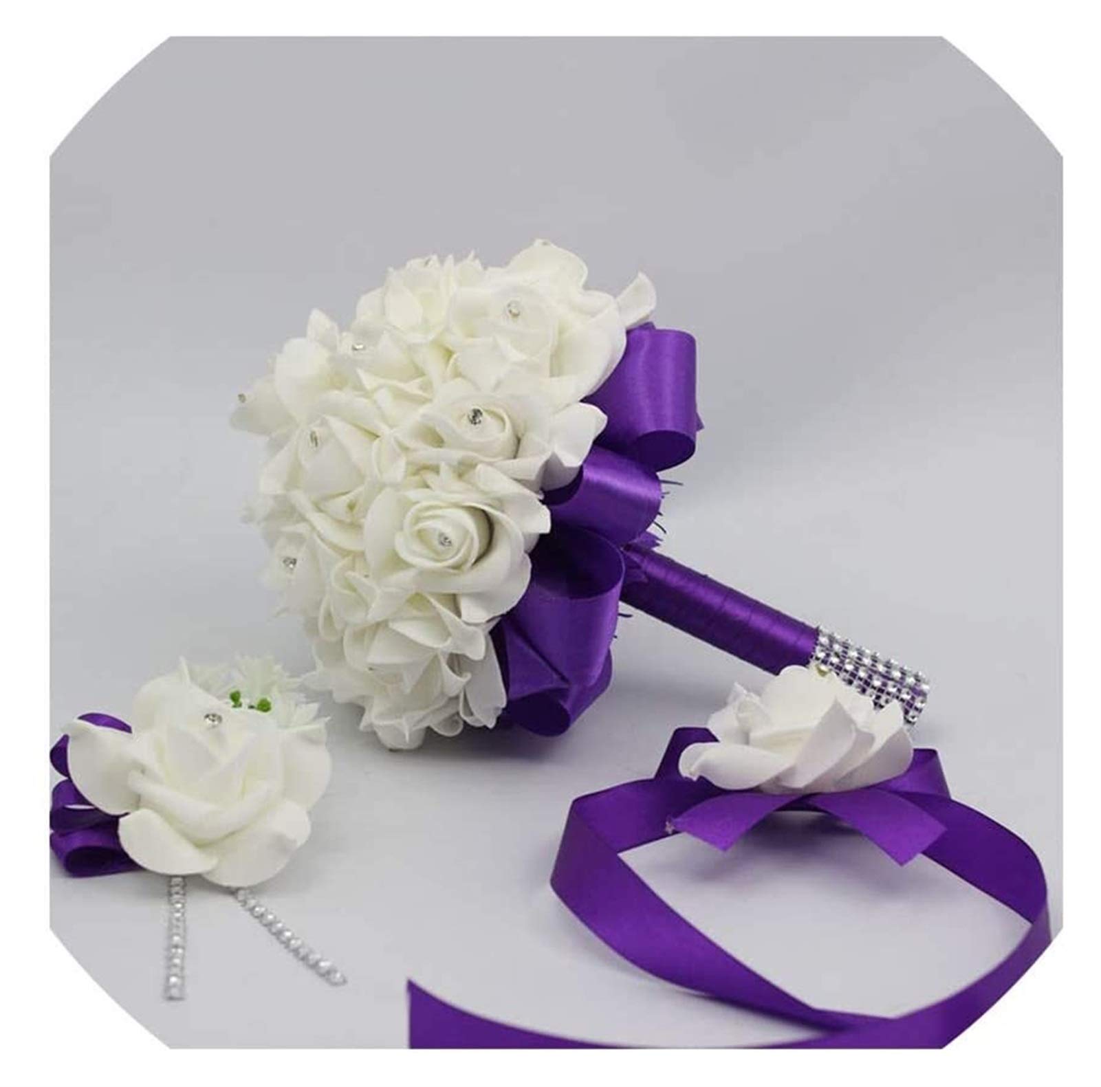 Handmade Romantic Purple Bridal Wedding Bouquet Set - 3 Pcs Artificial Flowers with Holder, Bridesmaid Bouquet, Boutonniere & Wrist Corsage - Perfect for Weddings, Bridal Showers & Photo Shoots