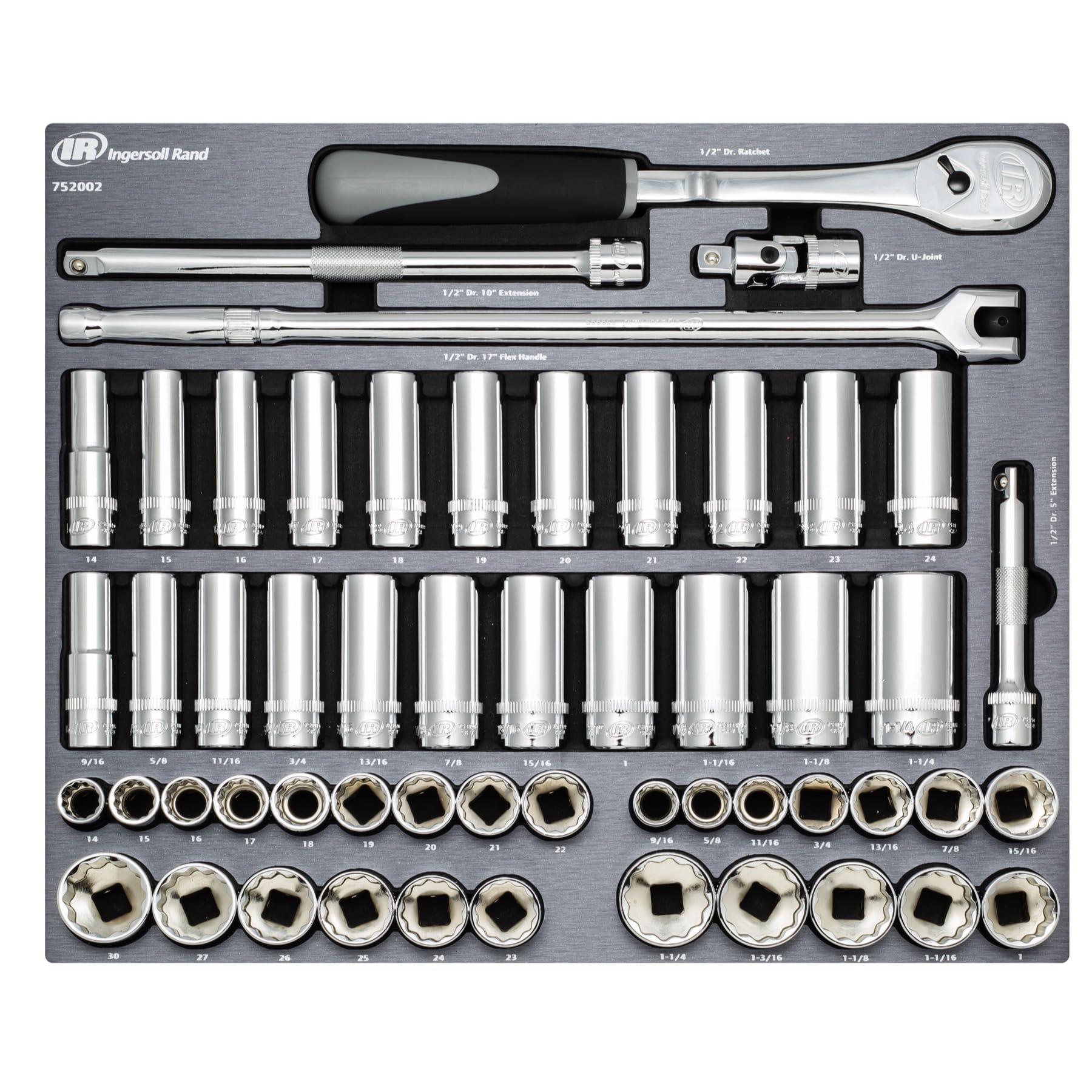 Ingersoll Rand 54-Piece 1/2-Inch Drive SAE/Metric Master Socket and Accessory Set (752002) - Professional Automotive & Industrial Tool Kit for Mechanics and DIY Repairs
