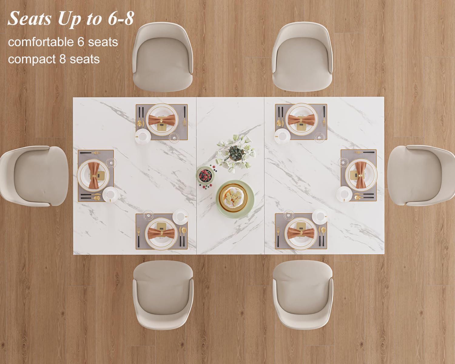 HSH White Faux Marble Dining Table - 63 Inch Modern Farmhouse Style Kitchen Table for 6 People, Sturdy Wood Base with Pedestal Support, Rectangle Design for Dining Room & Living Room | Perfect for Family Gatherings, Dinner Parties & Home Decor