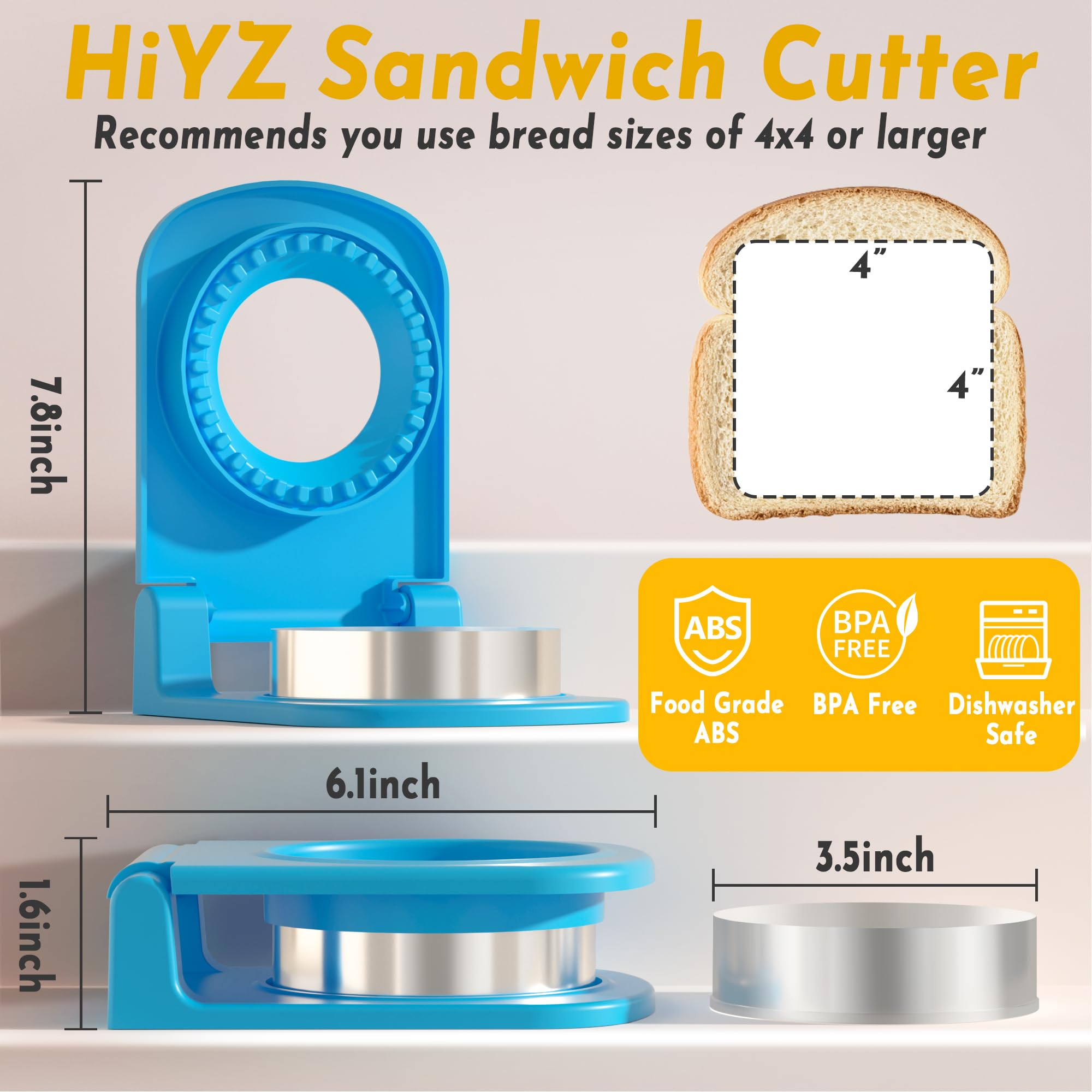 HiYZ Stainless Steel Sandwich Cutter & Sealer - Crustless Sandwich Maker for PB&J, Bread, Pancakes - Kids Safe Cookie Cutter for School Lunches, Picnics & Family Breakfasts