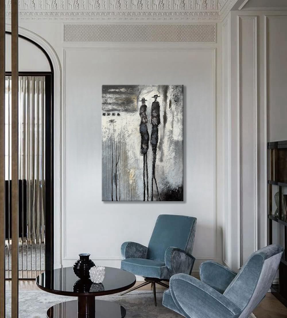 Yao or Miao Hand-Painted Dark Lover in Rain Oil Painting - 28x40 Inches Black & White Abstract Wall Art with Texture - Modern Home & Office Decor for Living Room, Bedroom, or Gallery Display