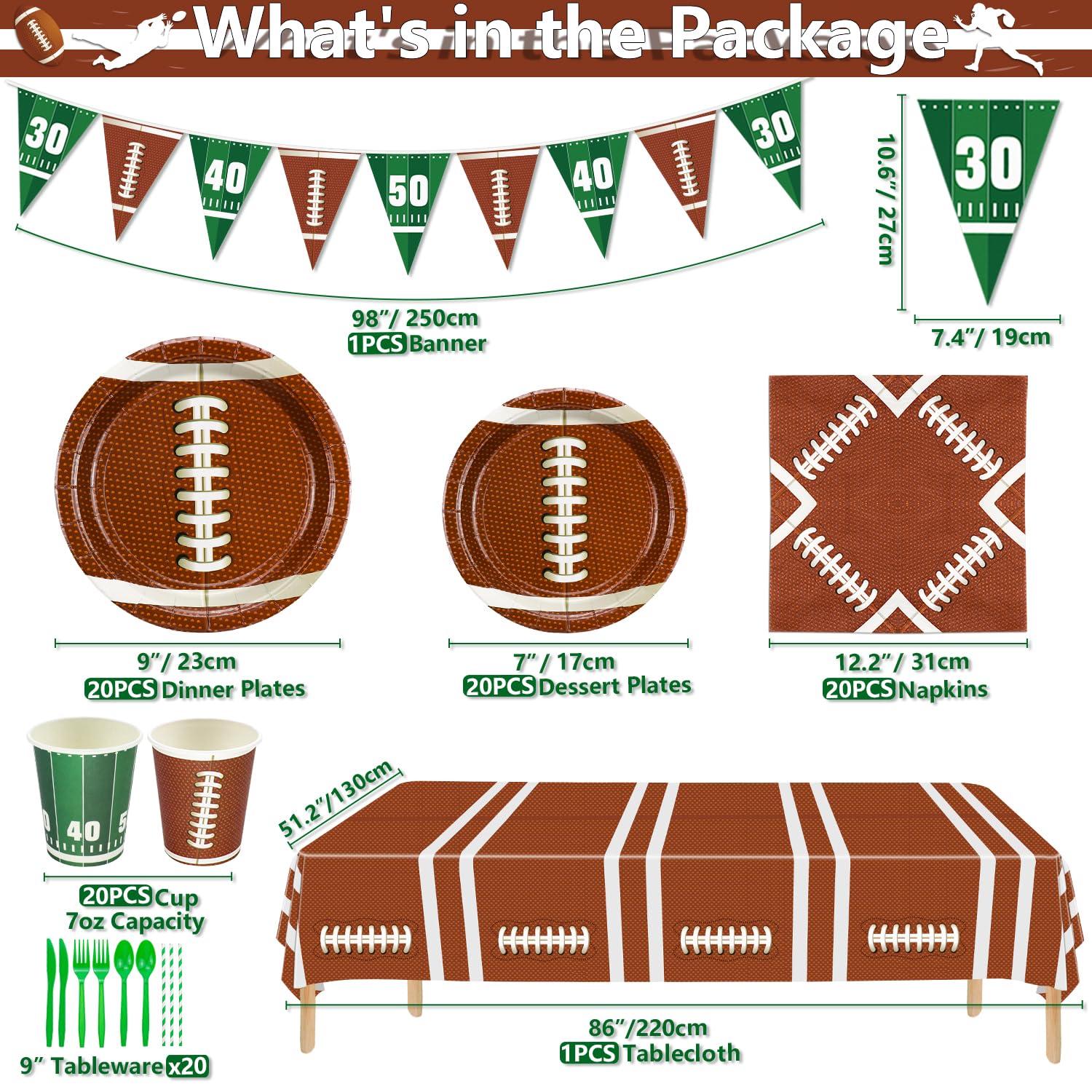Football Party Supplies Set - 20-Piece Dinner Plates, Dessert Plates, Cups, Napkins, Tablecloth, Straws & Banner for Game Day Decorations | Perfect for Football Themed Birthday Parties, Tailgates & Sports Events
