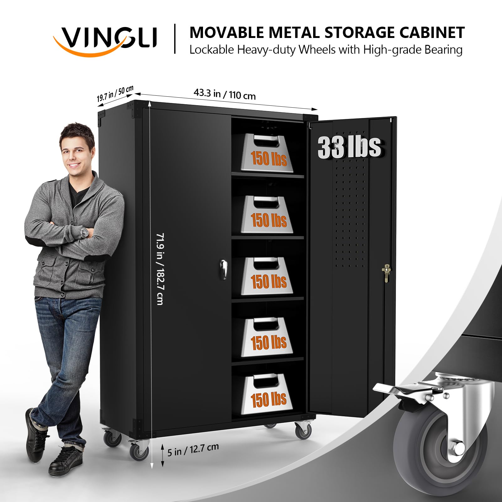 VINGLI Upgraded Wide & Deep Garage Storage Cabinet - Heavy Duty Metal Storage with Pegboards, Wheels, Locking Doors & Adjustable Shelves (Black, 43