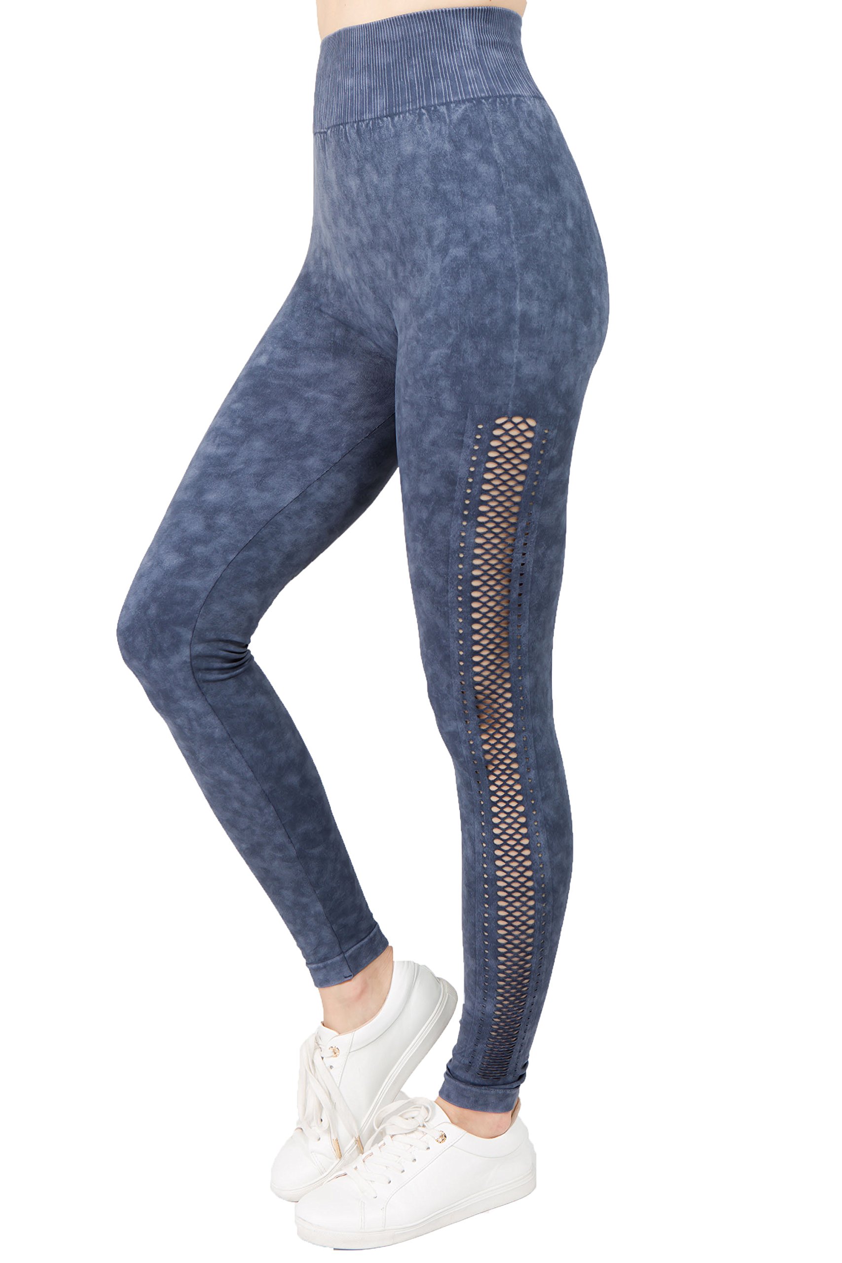 Women's High Waist Laser Cut Out Skinny Vintage Wash Leggings - Stretchy Comfort for Yoga, Workout & Casual Wear