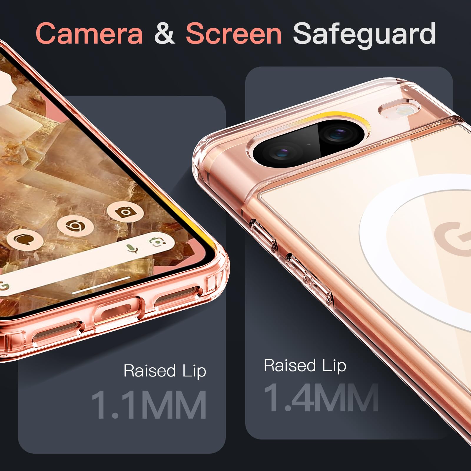 JETech Magnetic Case for Google Pixel 8 (6.2-Inch 2023) - MagSafe Compatible, Shockproof Clear Protective Phone Cover with Non-Yellowing PC Back - Rose Gold | Perfect for Wireless Charging, Everyday Protection & Outdoor Activities