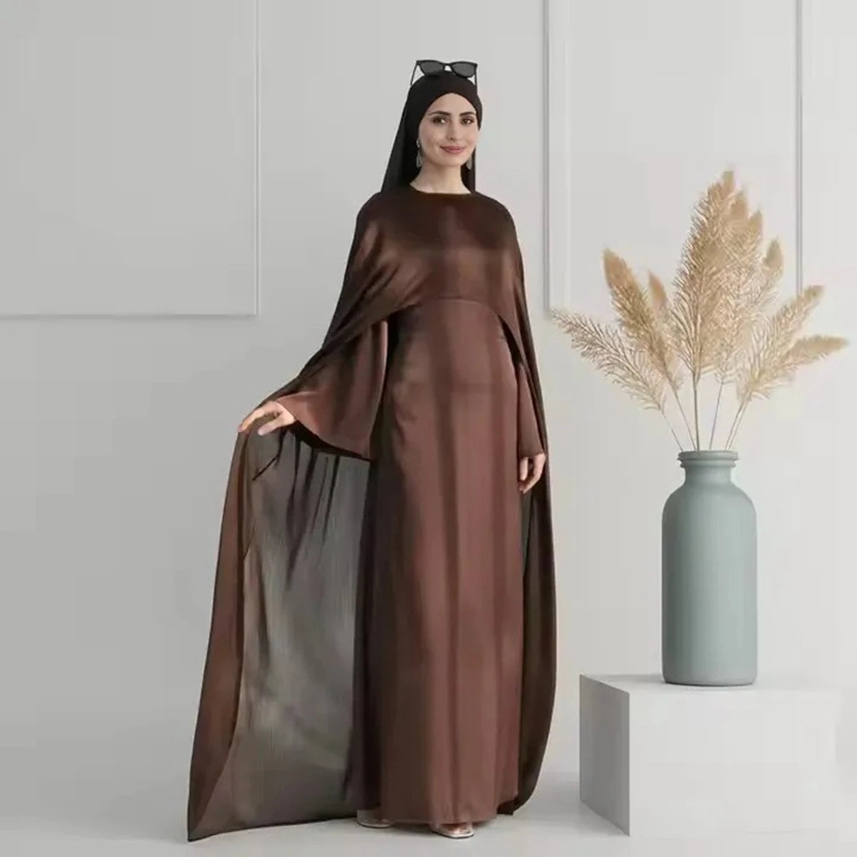 2 Pieces Set Elegant Chiffon Satin Abaya Dress for Women - Modest Islamic Prayer Dress #24920 | Perfect for Eid, Ramadan, Mosque & Special Occasions