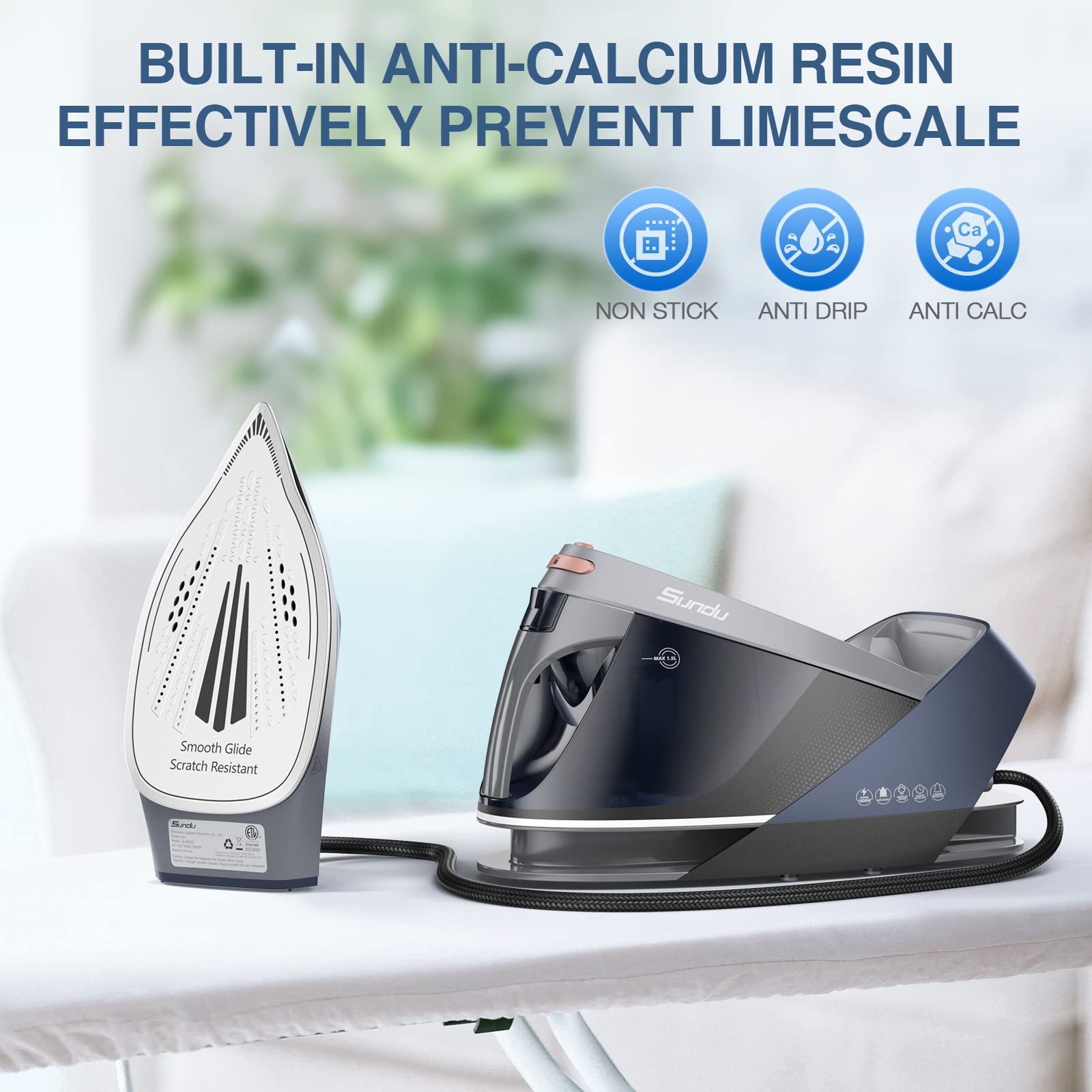 SUNDU Pro 1800W Steam Iron Station with Ceramic Soleplate - 1.5L Removable Water Tank, Auto Shut Off & Self Cleaning - Portable Iron Lock for Travel - Perfect for Home Clothes Ironing & Fabric Care