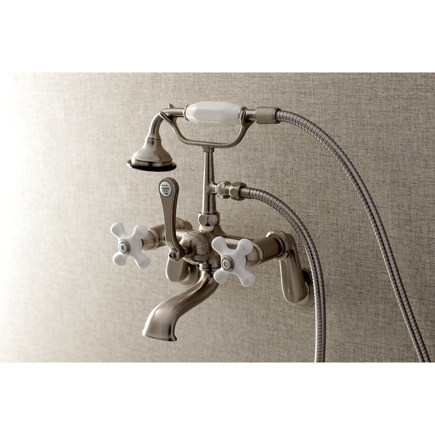 Vintage Style 3-Handle Wall Mount Clawfoot Bathtub Faucet with Hand Shower - Brushed Nickel Finish - Perfect for Antique Bathroom Renovations & Luxury Spa Retreats
