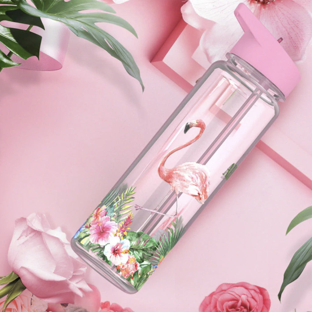 BPA Free Clear Water Bottle with Aloha Flamingo Design - Perfect for Gym, Hiking & Outdoor Activities