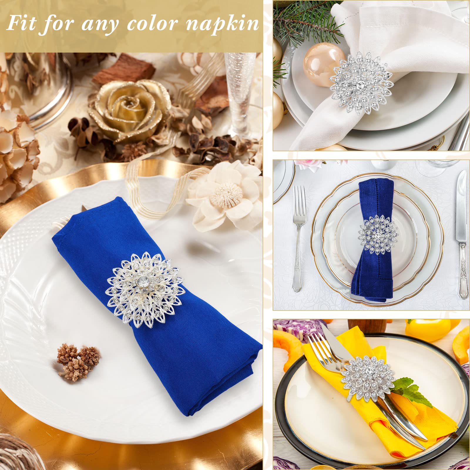 100 Pcs Silver Floral Crystal Rhinestone Napkin Rings - Elegant Bling Napkin Holders for Wedding, Birthday Party, Dinner & Home Table Decor - Perfect for Holiday Gatherings, Bridal Showers & Fine Dining