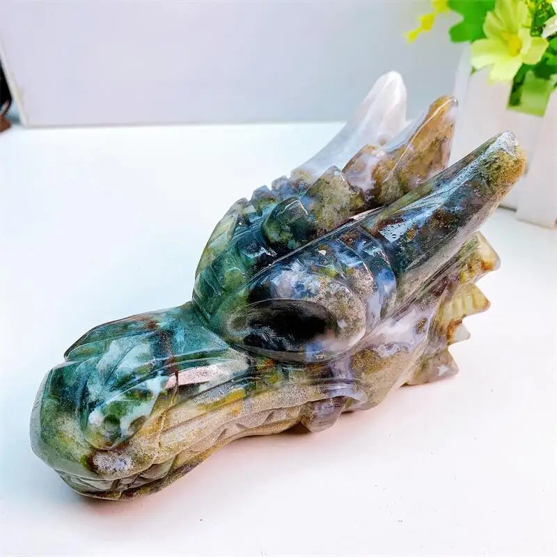 15cm Natural Moss Agate Dragon Skull Carving - Handcrafted Healing Crystal for Home Decor, Wicca Altar & Spiritual Gifts | Powerful Energy Stone for Meditation, Feng Shui & Witchcraft Supplies