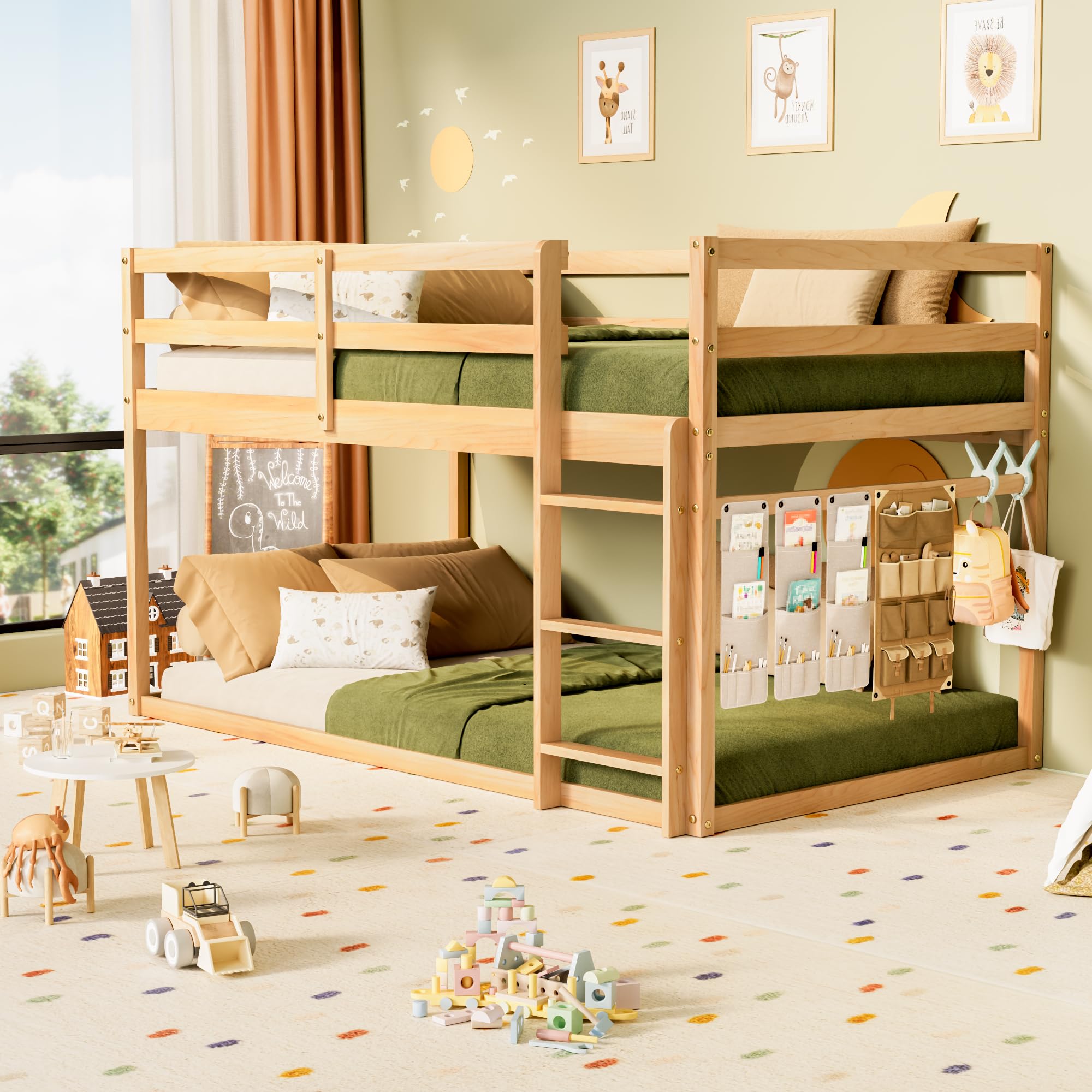 Low Twin Over Twin Bunk Bed with Ladder & Full Guardrails - Solid Wood Junior Bunk Bed for Boys, Girls & Kids - Space-Saving Bedroom Furniture for Small Rooms, Shared Kids' Rooms & Sleepovers (Natural Finish)