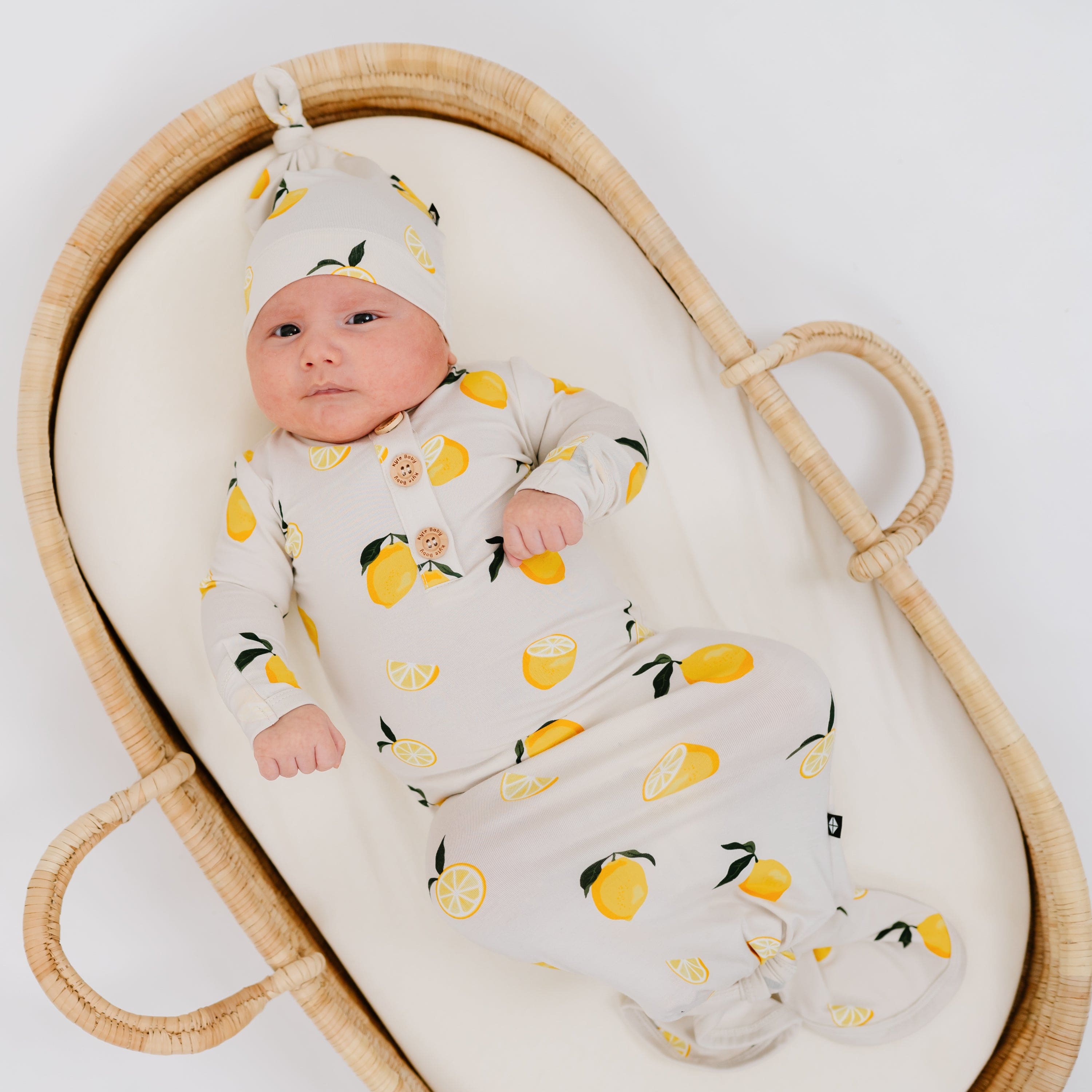 Lemon Knotted Gown with Matching Hat Set - Newborn Baby Photoshoot & Christening Outfit
