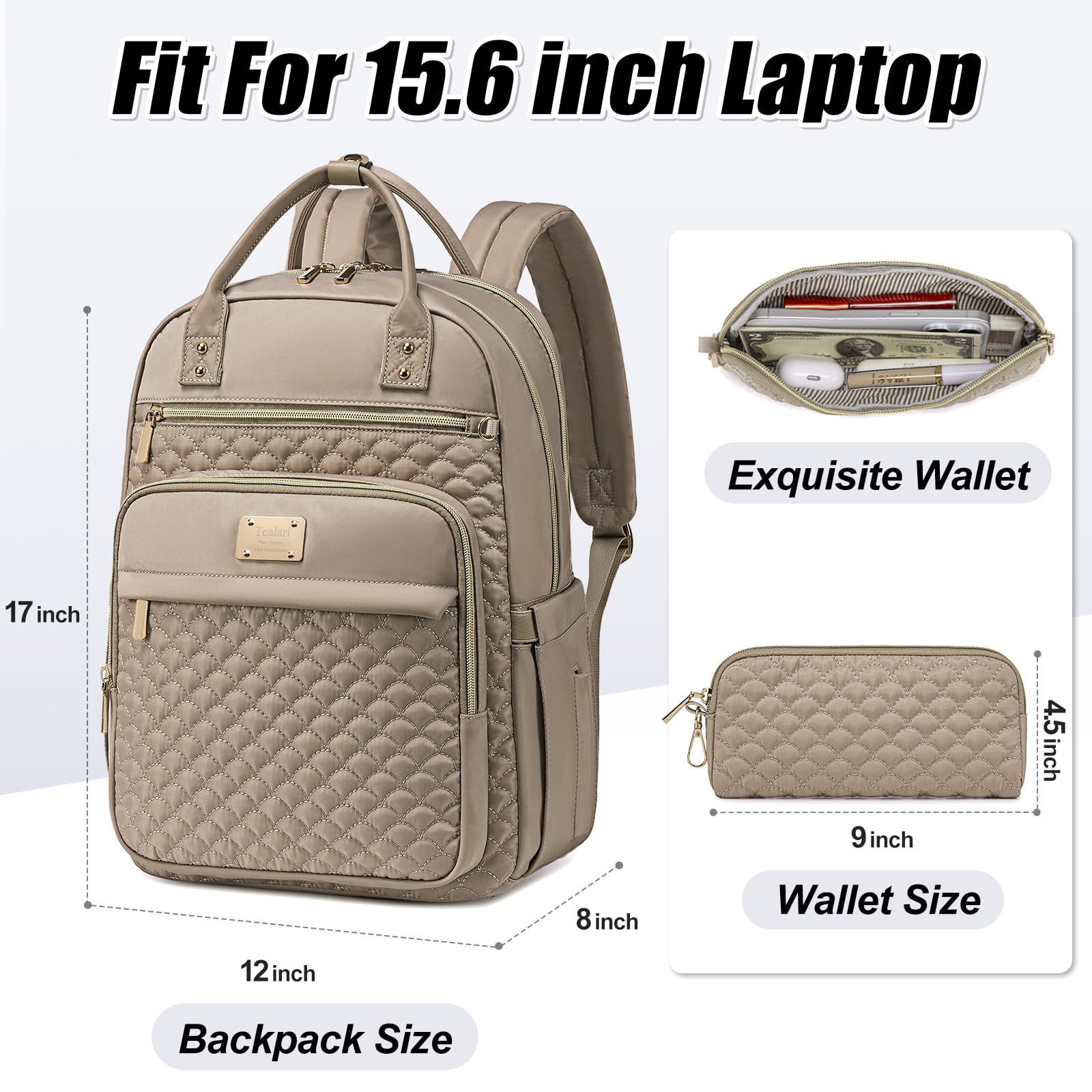 Stylish Waterproof 15.6 Inch Laptop Backpack for Women - Durable Work & Travel Backpack with Built-in Wallet, Perfect for Office, College & Commuting (Khaki)