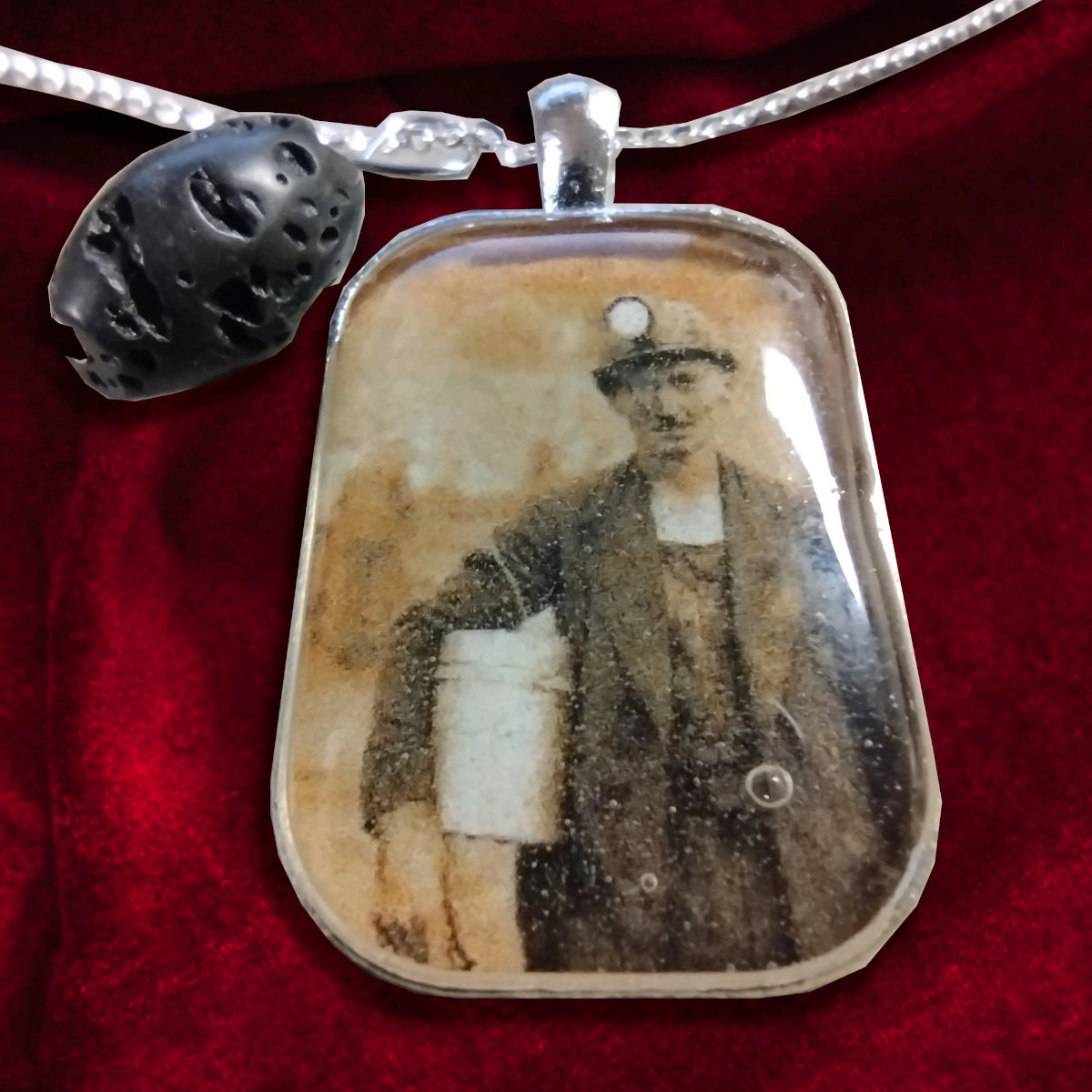 Sterling Silver Necklace with Miner Photo Charm & Lava Stone Bead - Perfect for Birthdays, Anniversaries & Everyday Wear