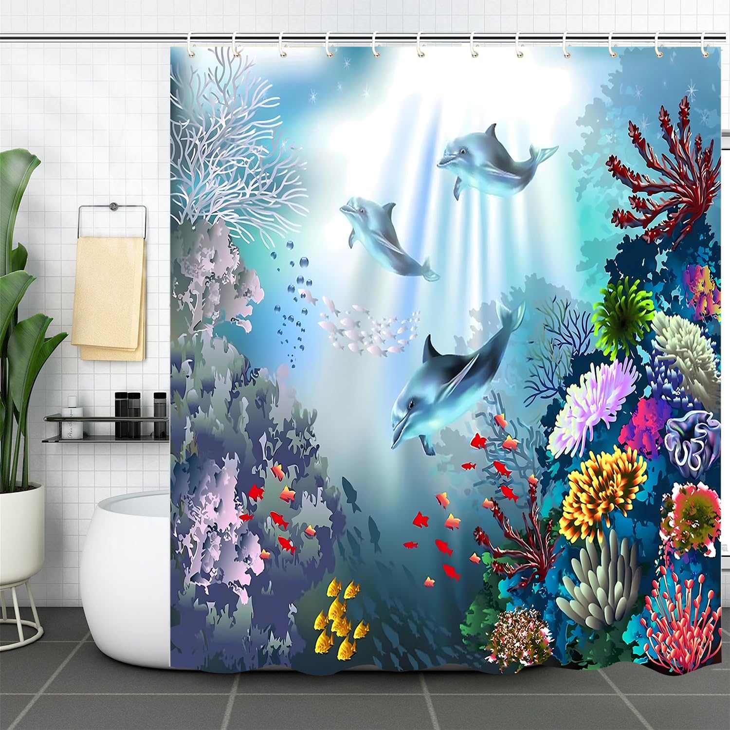Bella Ocean Coral Reef and Wildlife Shower Curtain Set with Bath Rugs & Accessories - Waterproof Polyester Fabric & Memory Foam - Tropical Beach Theme Printed Bathroom Decor for Coastal, Nautical or Vacation Home Style
