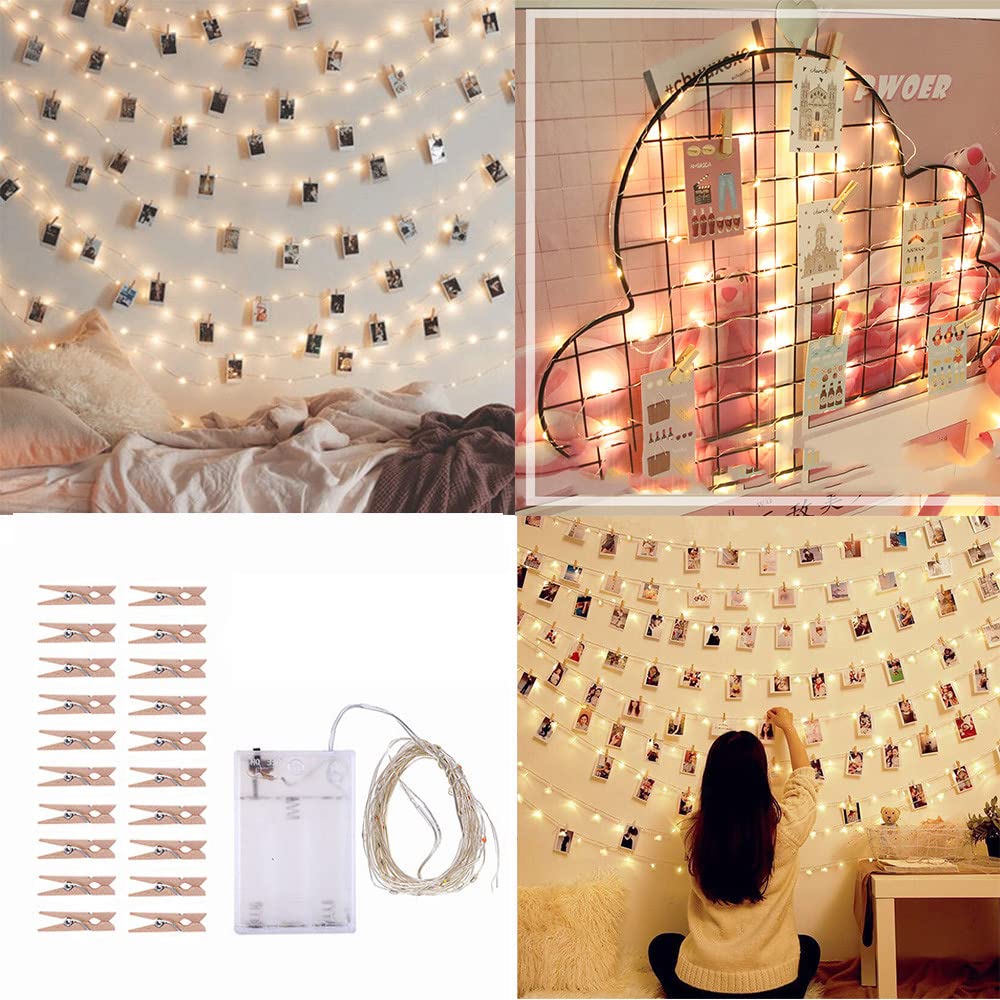 Obeon 6.5Ft Photo Clip String Lights - 20 LED Fairy Lights with 20 Wooden Clips for Hanging Pictures | Perfect for Bedroom, Dorm, Party & Birthday Decorations | Warm White DIY Wall Decor for Home, Wedding, Christmas & Indoor Lighting