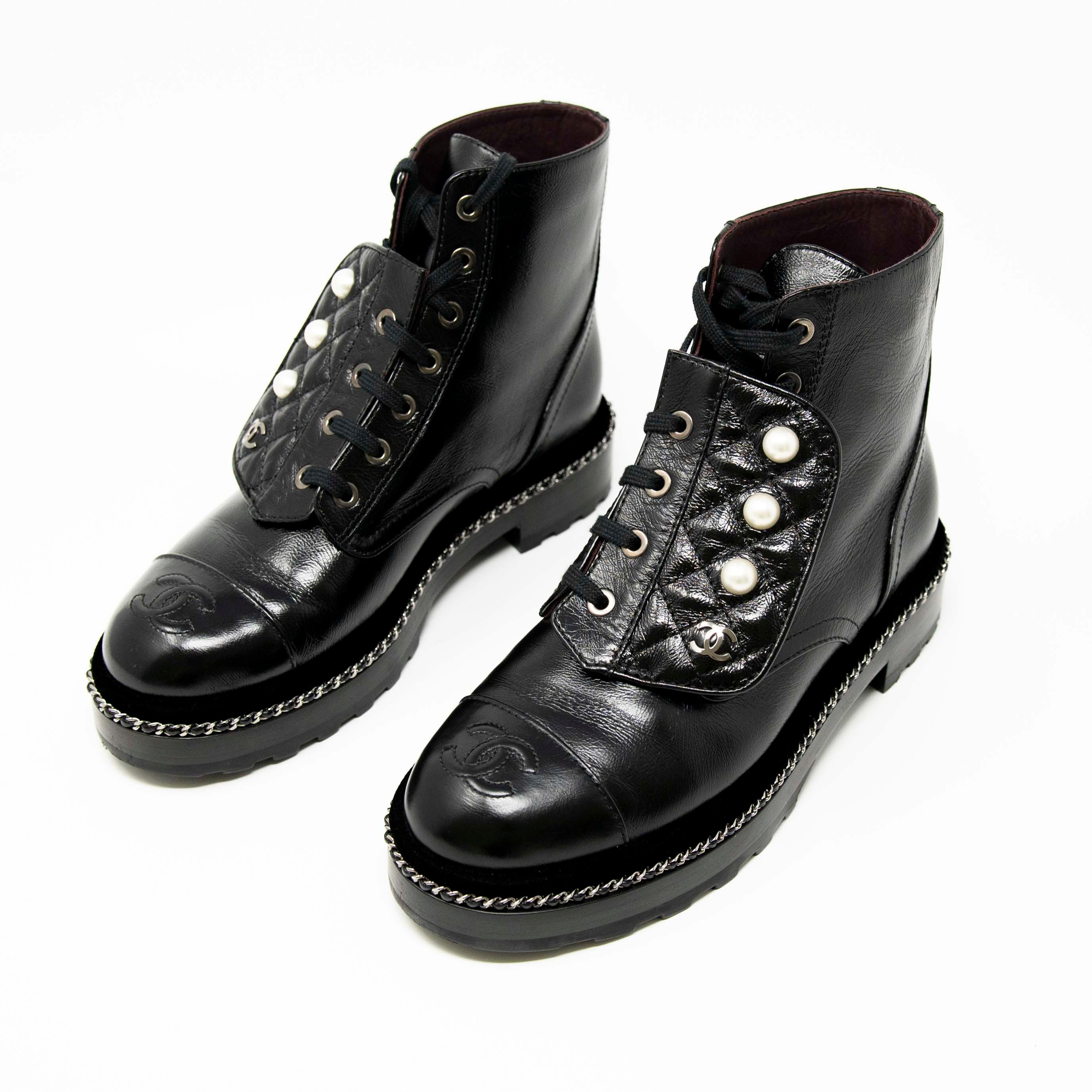 Chanel Black Leather Combat Boots Women's Size 36.5 - Stylish & Comfortable Ankle Boots for Everyday Wear, Night Out & Fashion Street Style
