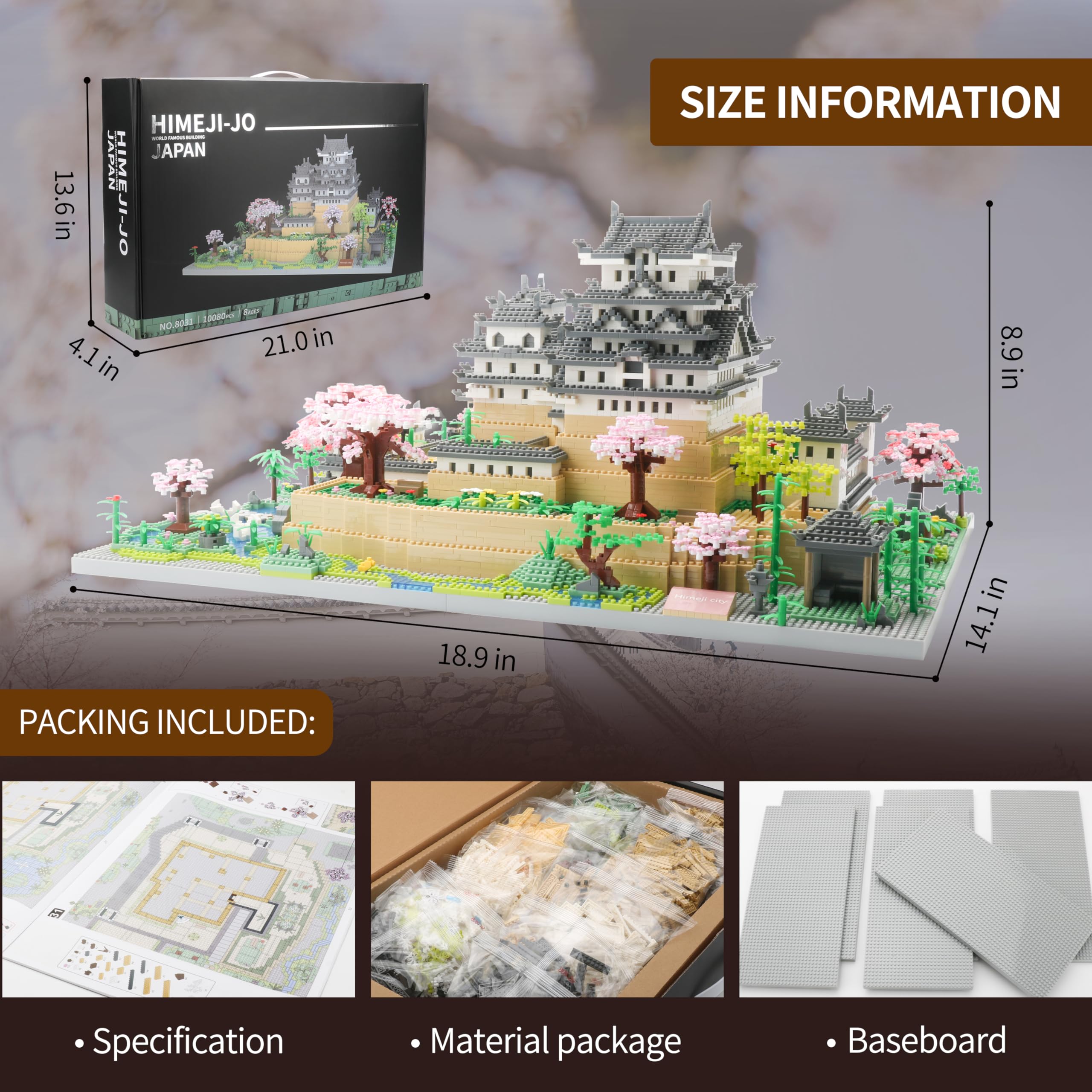 Japanese Micro Mini Building Blocks Set - 10080 PCS Himeji Castle with Cherry Blossoms Architecture Model Kit for Adults, Collectible Landmark Toy Gift | Perfect for Home Decor, Office Display & Stress Relief