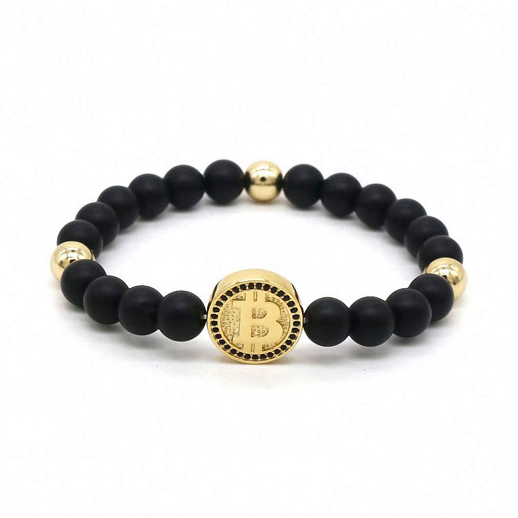 CZ Gold Bitcoin Bracelet for Men & Women - Black Matte Stone Beaded Bracelet with Bitcoin Charm, Perfect for Crypto Enthusiasts & Fashion Gifts (Birthday, Anniversary, Christmas)