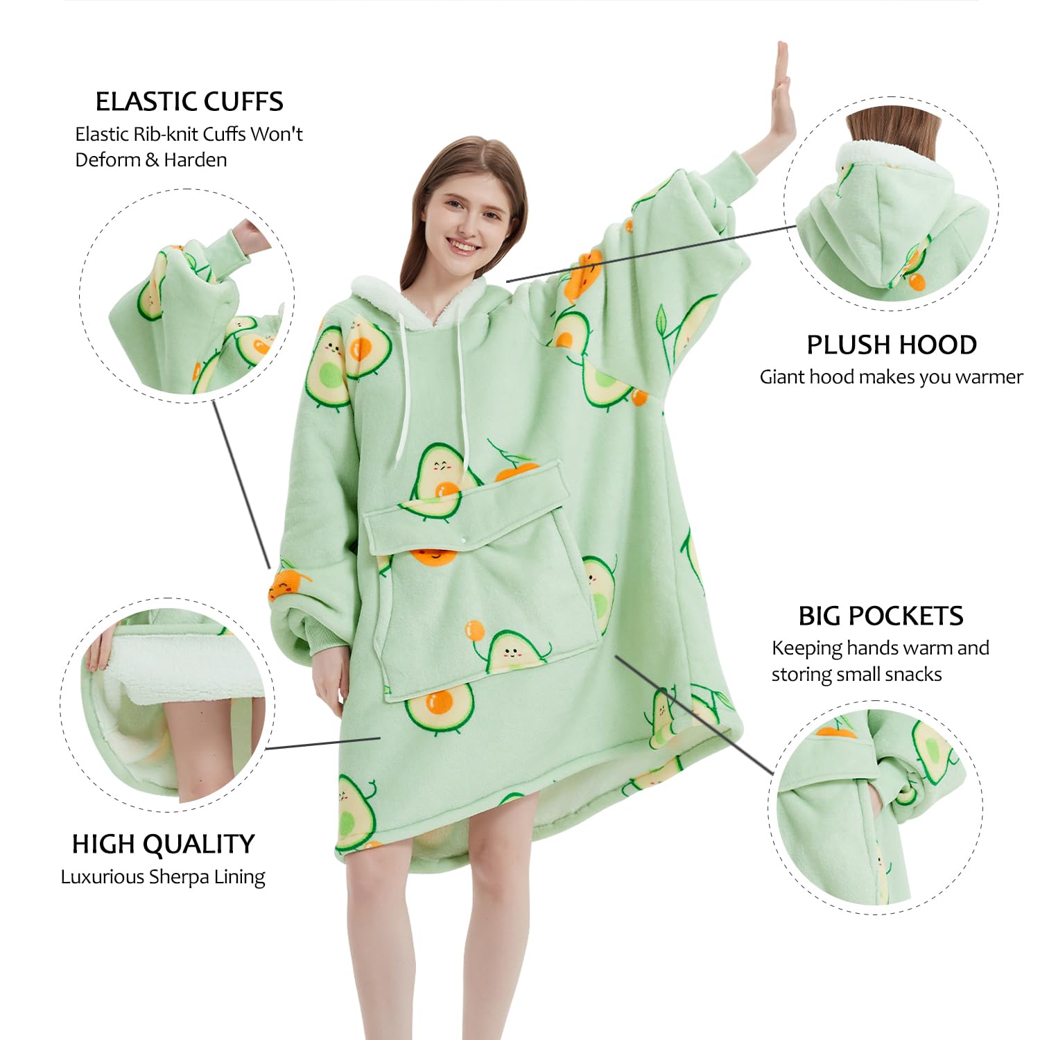 Qeils Oversized Wearable Blanket Hoodie - Hooded Fleece Sherpa Sweatshirt with Deep Pockets for Women & Men | Cozy Warm Loungewear for Home, Office & Travel (Double Pockets, Avocado Green, Adult Size)