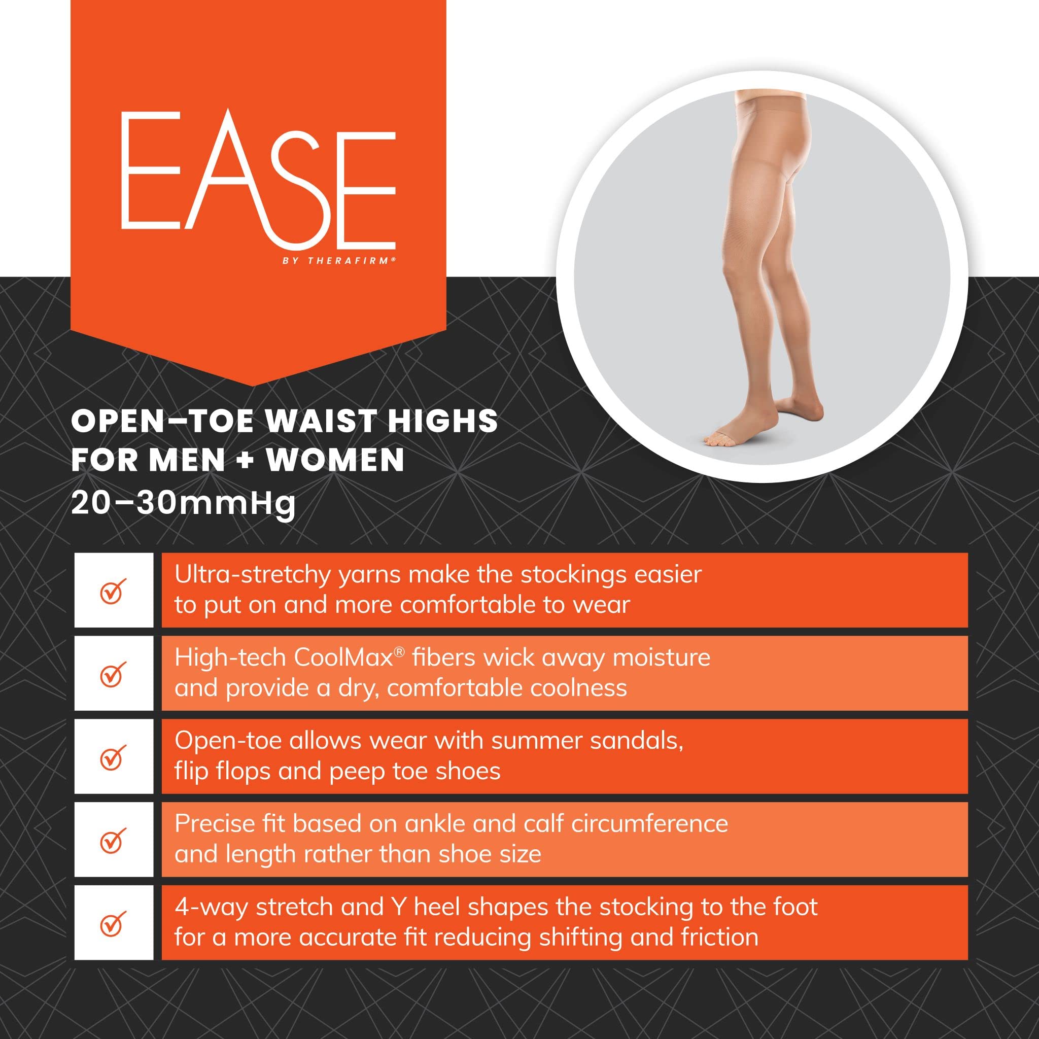 Ease Opaque Open-Toe Waist High Compression Stockings 20-30mmHg - Moderate Support Medical Socks for Women (Sand, Medium Long) - Perfect for Varicose Veins, Pregnancy & Long Flights