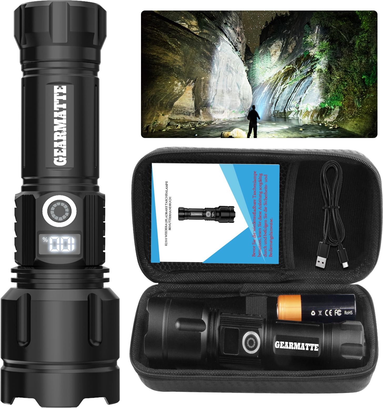 Tactical Flashlight 10000 Lumens Super Bright - Rechargeable LED Flashlight with Battery, 5 Modes, Waterproof & Durable for Emergency, Outdoor Camping, Hiking, Hunting (1 Pack) - Perfect for Power Outages, Night Adventures & Survival Kits