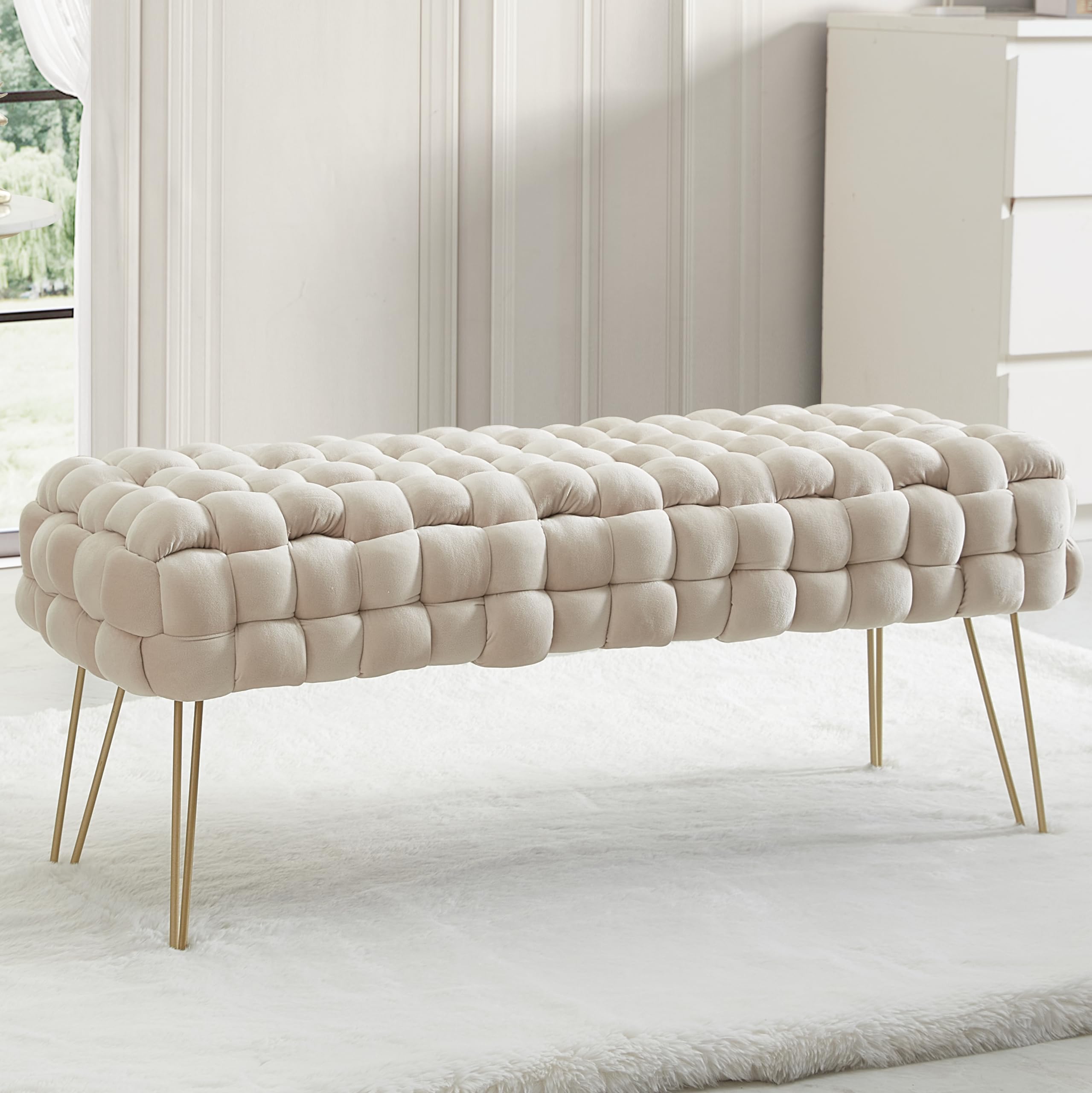Ornavo Home Mirage Modern Contemporary Woven Upholstered Velvet Long Bench Ottoman with Gold Metal Legs - Cream | Stylish Living Room Seating, Bedroom Footrest & Entryway Decor
