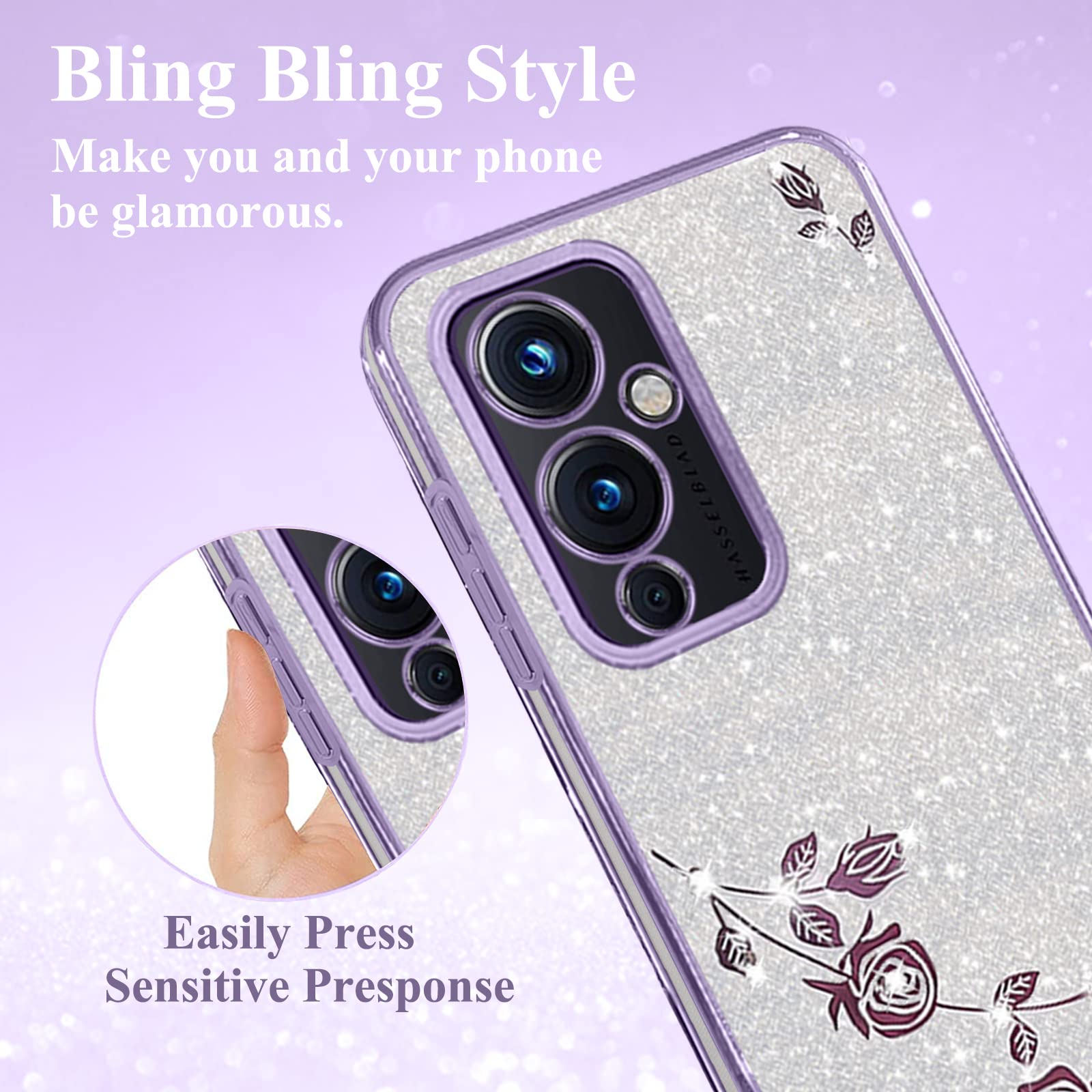 Sparkly Glitter Luxury Diamond Bling OnePlus 9 Case for Women - Pink Floral Clear Shockproof TPU Phone Cover (Purple-Silver) | Cute Protective Case for Girls, Soft & Durable | Perfect for Everyday Use, Work, School & Travel