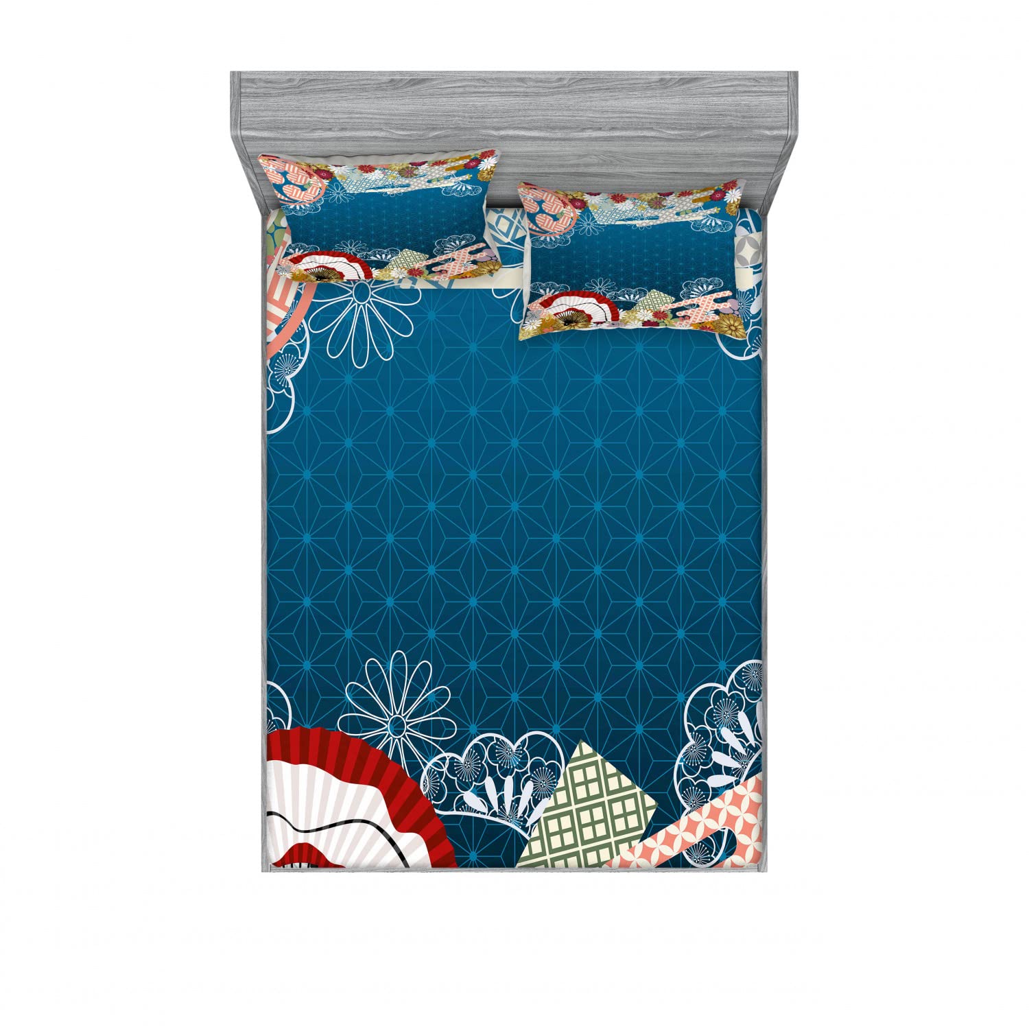 Ambesonne Japanese Style 2-Pack Queen Size Fitted Sheet Set with 4 Pillow Shams - Modern Floral Pattern Bedding Collection for Home Decor | Perfect for Guest Rooms, Master Bedrooms & Airbnb Listings