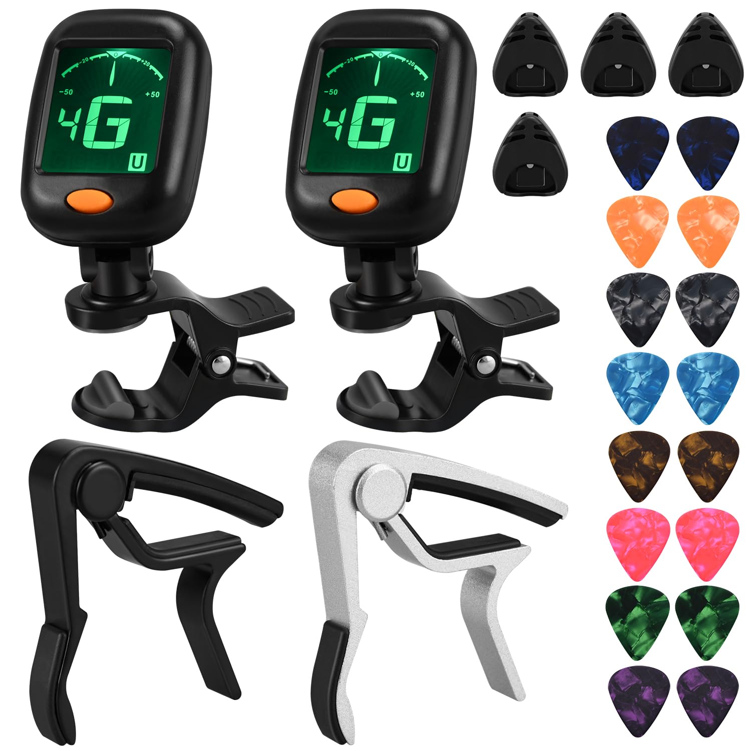 Premium Guitar Capo & Tuner Set - 2-Pack with Picks & Holder for Acoustic & Electric Guitars | Perfect for Beginners & Professional Musicians | Practice, Performances & Studio Recording