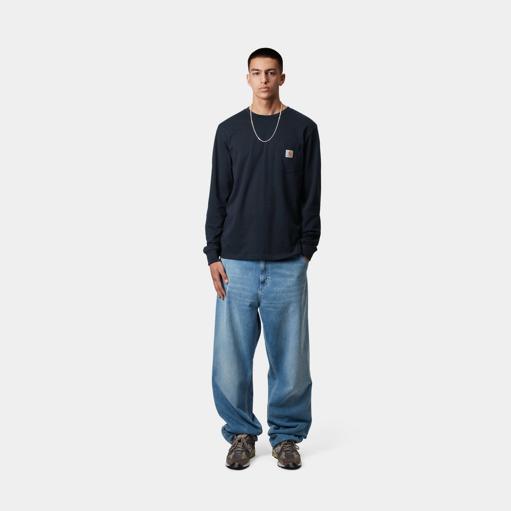 Long Sleeve Pocket T-Shirt for Men - Comfortable Cotton Crewneck Casual Shirt in Dark Navy | Perfect for Everyday Wear, Work & Outdoor Activities