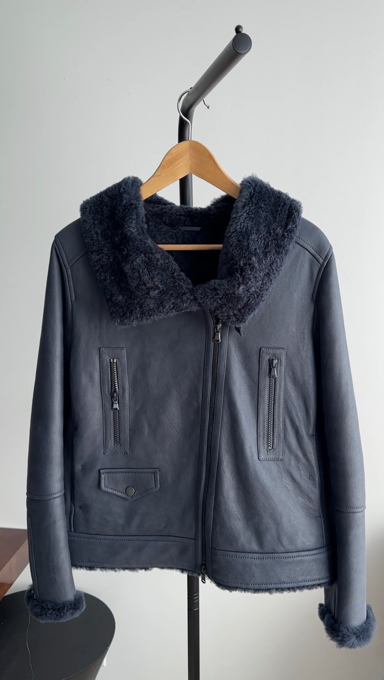 Brunello Cucinelli Midnight Navy Shearling Zip Jacket - Men's Luxury Shearling Coat, Size IT40 / S (4/6) - Perfect for Winter Fashion & Outdoor Activities