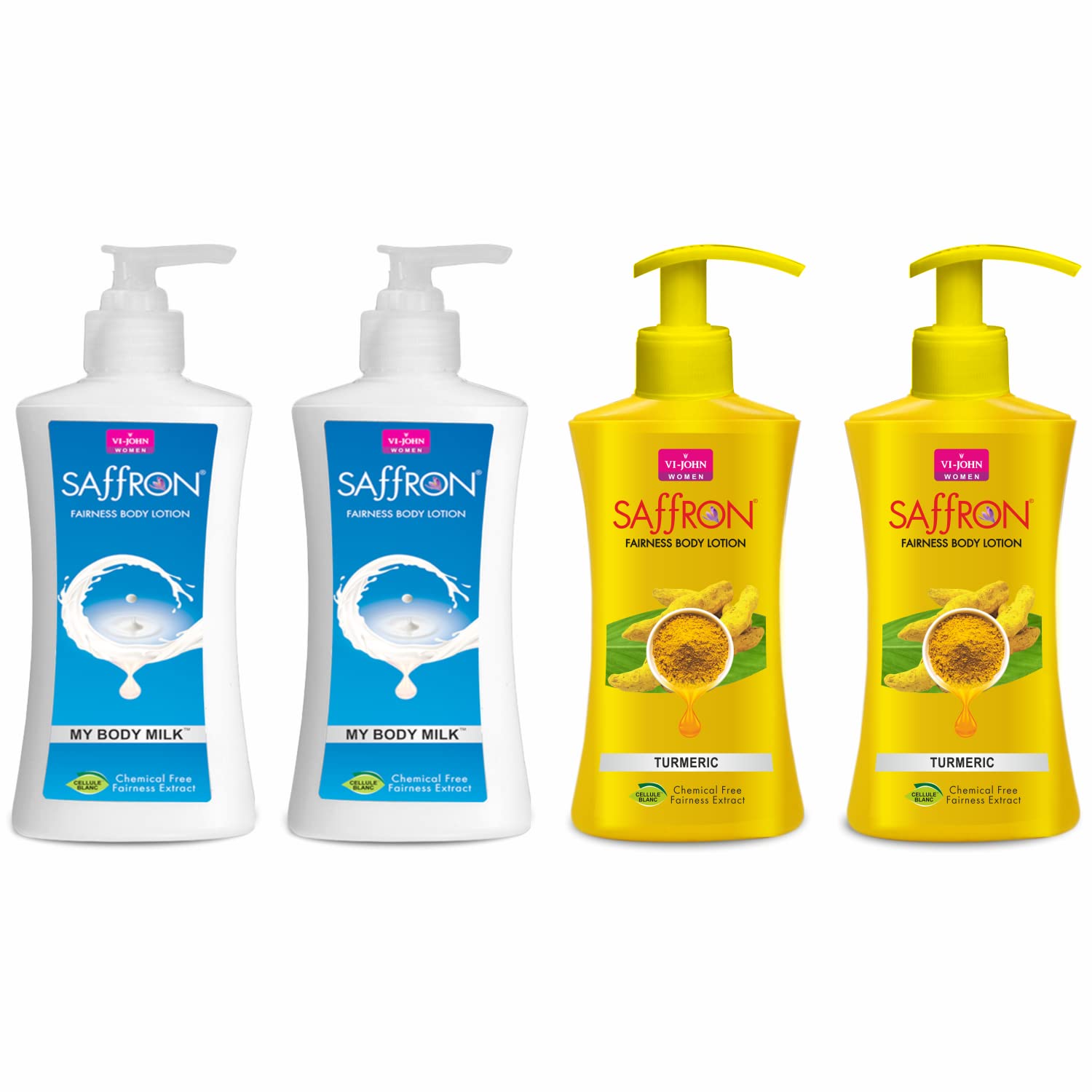VI-JOHN Body Lotion Combo Pack of 4 (2x Body Milk 250ml + 2x Turmeric Lotion 250ml) for Men & Women - All Skin Types - Hydrating & Brightening Moisturizer for Daily Skincare Routine