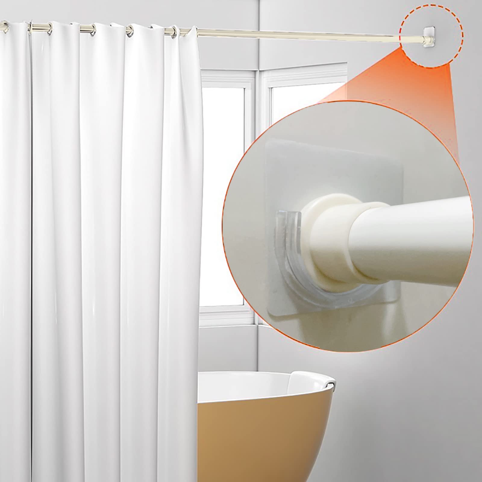 No Drill Adhesive Shower Rod Holder - Tension Mount Curtain Rod Bracket, Clear Transparent Shower Rod Retainer (4 Pack) - Perfect for Bathrooms, Showers & Home Decor