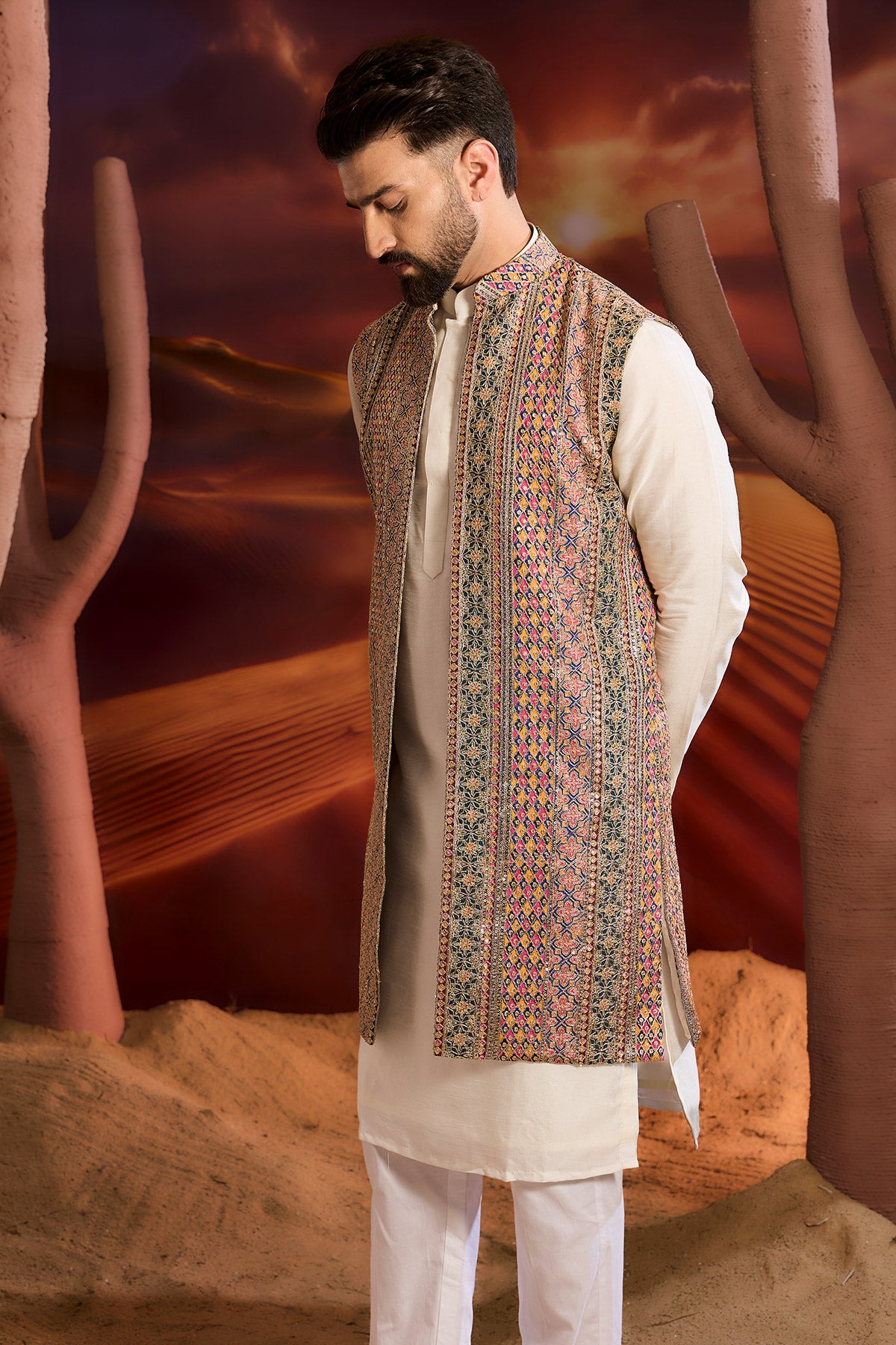 Elegant Long Open Shrug with Multi-Colored Heavy Zari Detailing - Perfect for Weddings, Parties & Evening Events